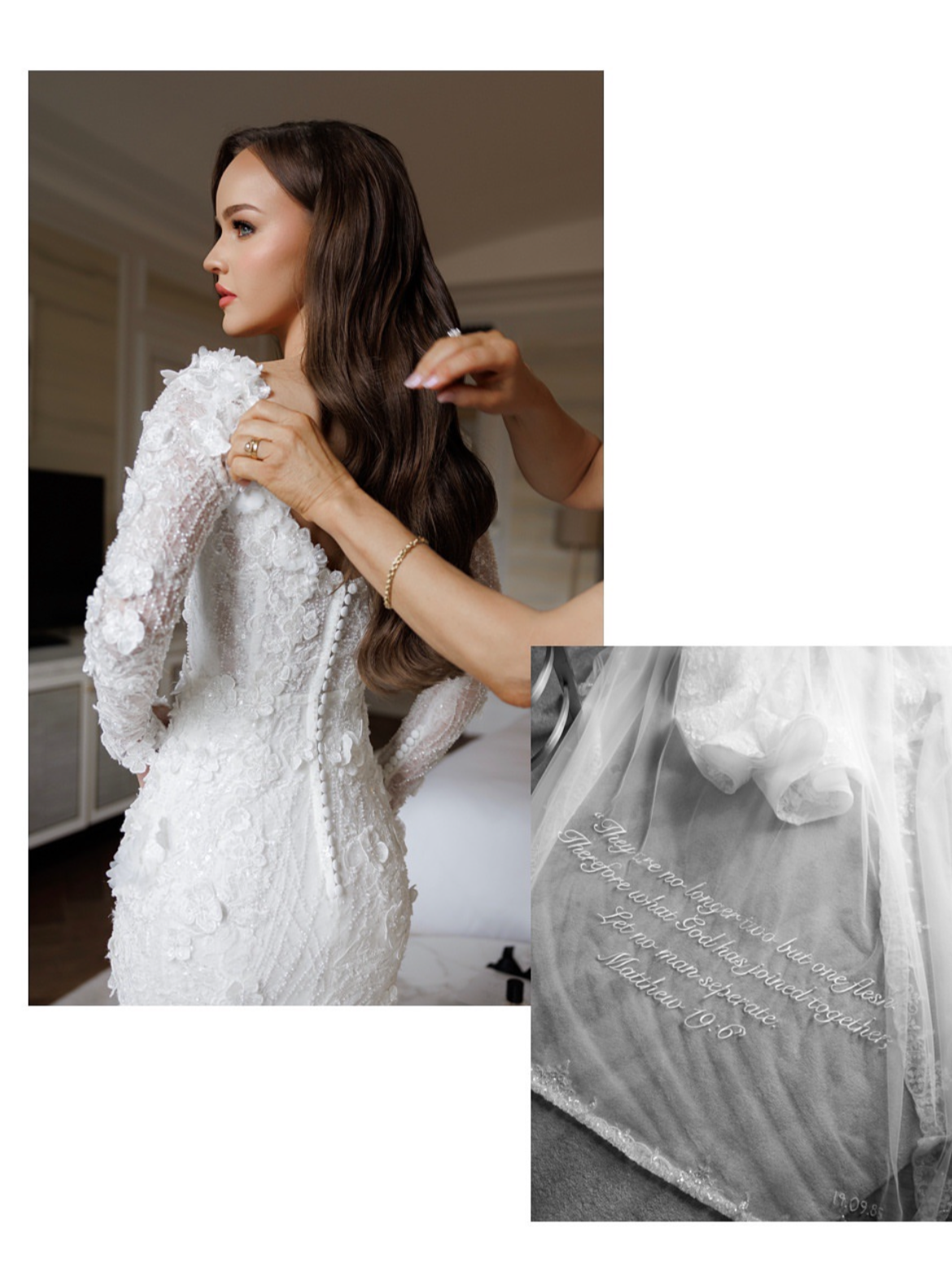 A woman in a white, floral-textured wedding dress is getting her hair styled by someone, in a softly lit room with beige walls. There is a small inset black-and-white image of a veil with embroidered writing.