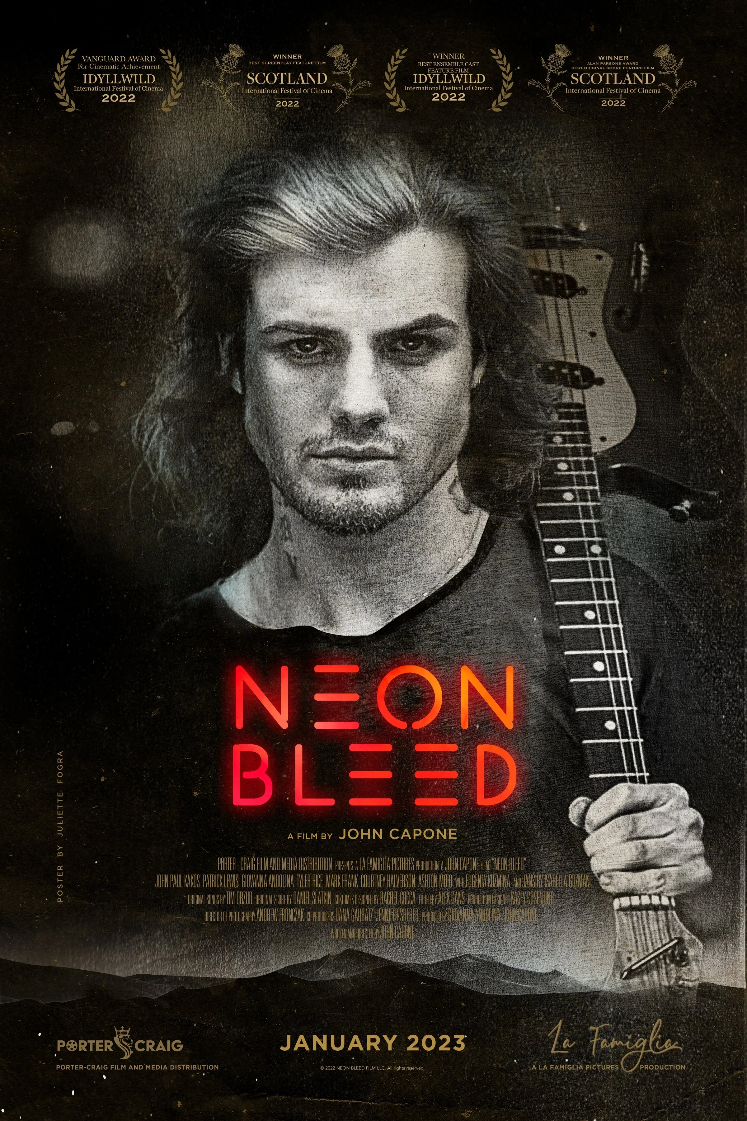 Black and white poster for the film 'Neon Bleed' featuring a man with long hair holding a guitar. The poster includes awards from the 2022 Scotland International Festival of Cinema and mentions the release date as January 2023. The poster also shows the name of the director, John Capone, and credits for the cast and crew.