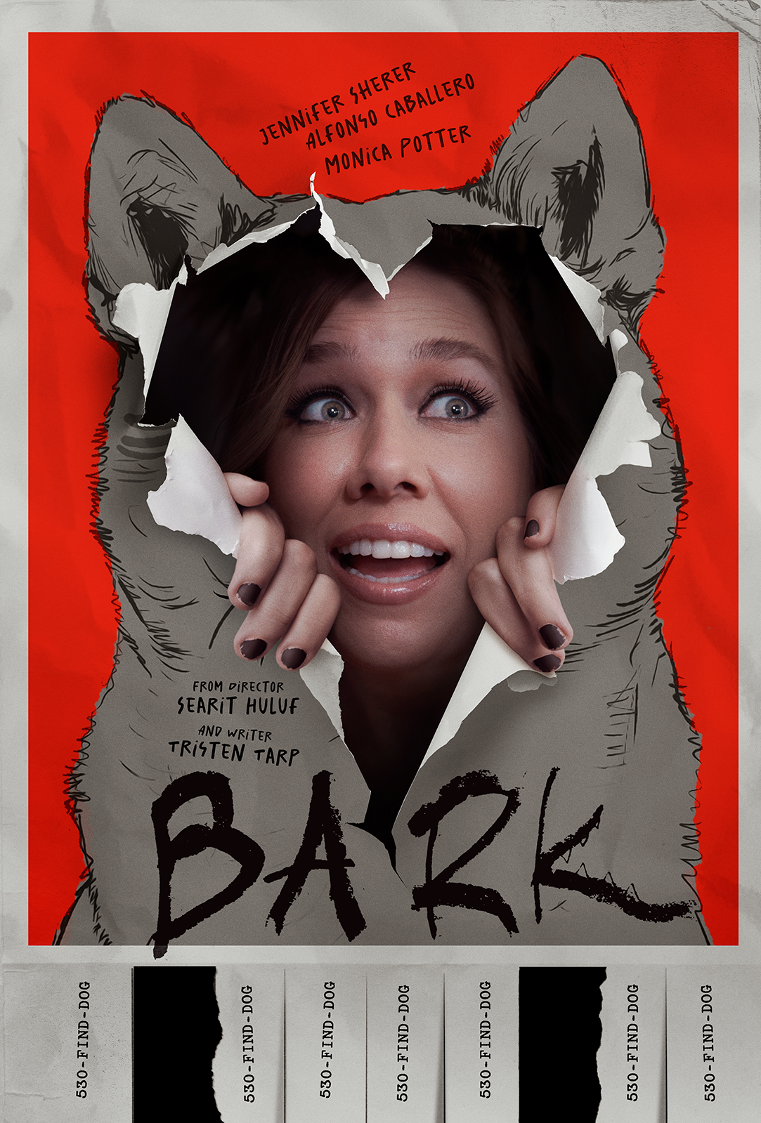 A promotional poster featuring a woman with an excited expression peeking through a torn paper with illustrations of puppy ears and paws. The background is red, with the title 'BARK!' and credits to the director Searit Huluv and writer Tristen Tarp. There are also barcode-style labels at the bottom of the poster.