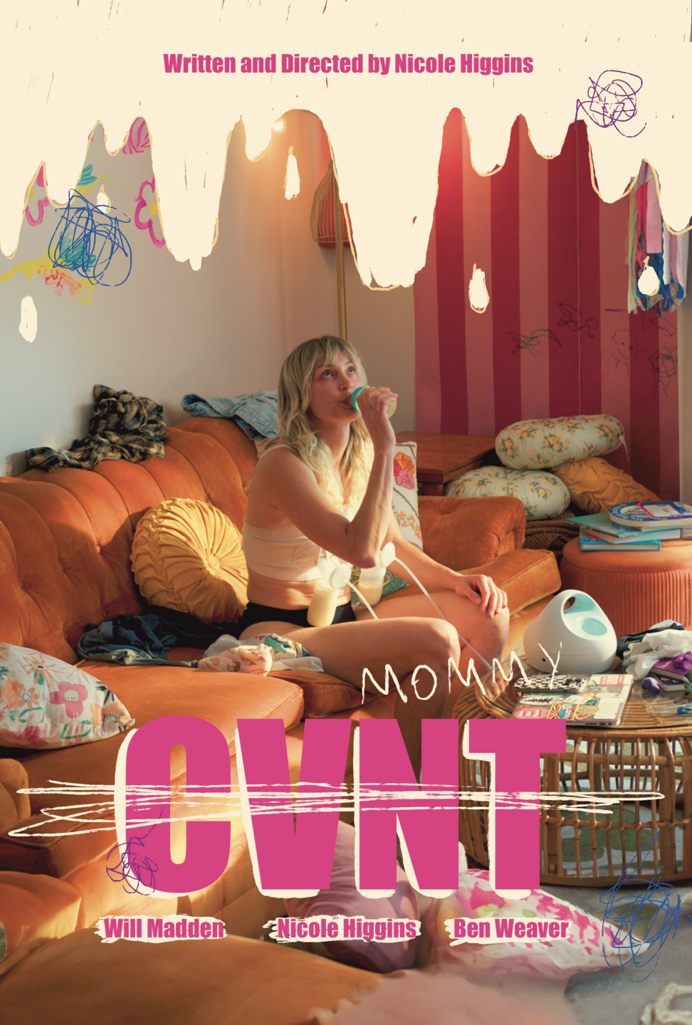 A woman sitting on an orange couch in a cluttered room, drinking from a green bottle. The room has various items scattered around, with a table filled with books and objects in front of her. The wall behind has pink and red striped wallpaper, and a large, stylized title "Mommy Don't Cry" overlaid on the image, with credits to Will Madden, Nicole Higgins, and Ben Weaver.