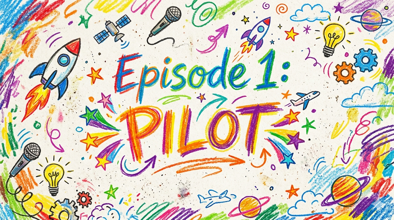 Colorful, doodle-style illustration with rockets, planets, stars, clouds, gears, lightbulb, microphone, and arrows surrounding the text 'Episode 1: PILOT' written in a variety of bright colors.