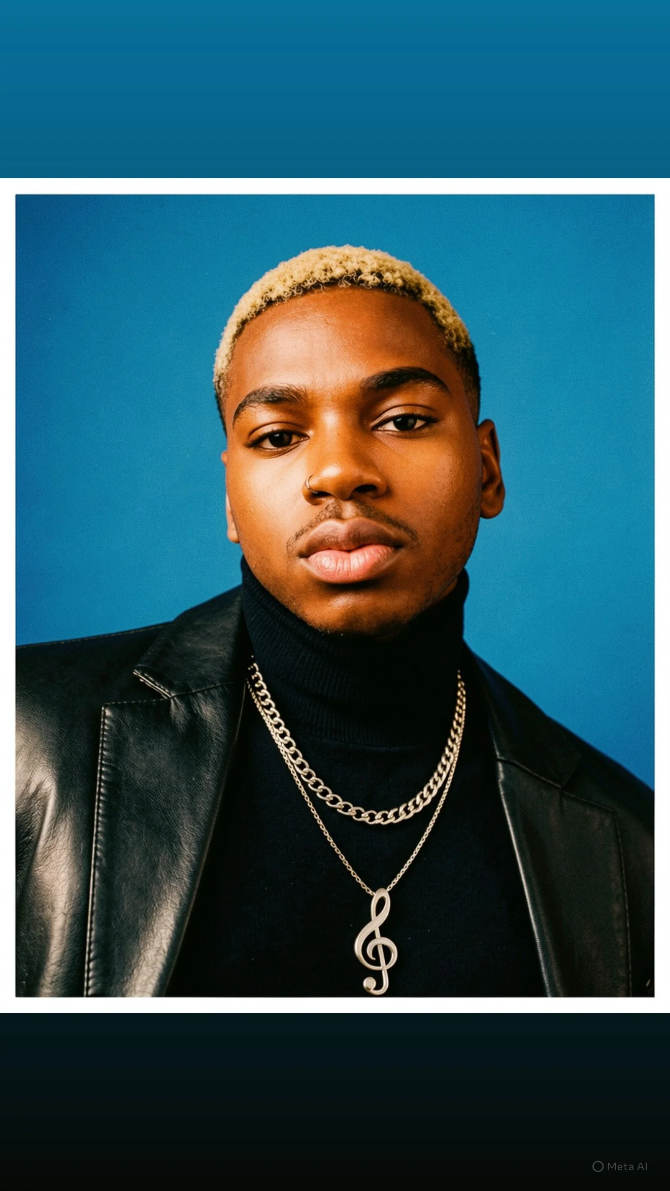 Portrait of a young person with bleached blonde hair, wearing a black turtleneck, black leather jacket, and layered silver chains, set against a blue background.