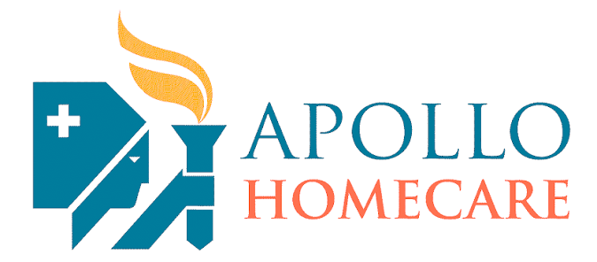Logo for Apollo Homecare featuring a stylized house, medical cross, torch, and text.