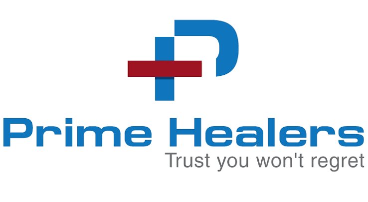 Logo for Prime Healers with a stylized blue cross and red line, and the tagline "Trust you won't regret."