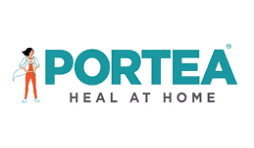 Portea logo with a woman holding a clipboard, the text 'PORTEA HEAL AT HOME'