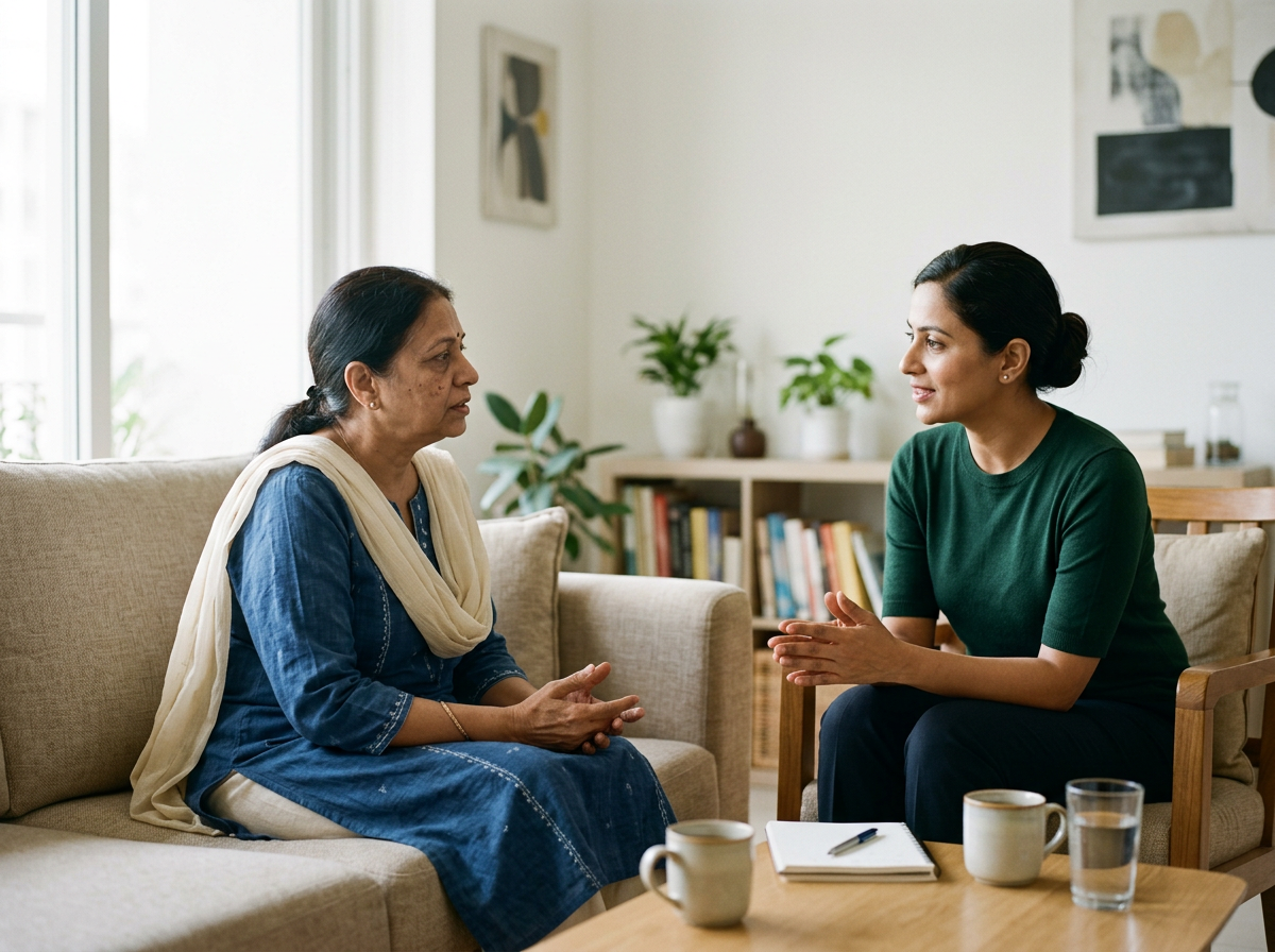 Two women sitting on a couch having a supportive conversation about cancer care and support.