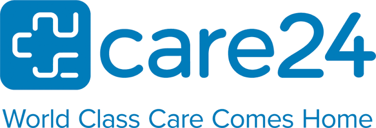 Care24 logo with blue medical cross and tagline 'World Class Care Comes Home'.