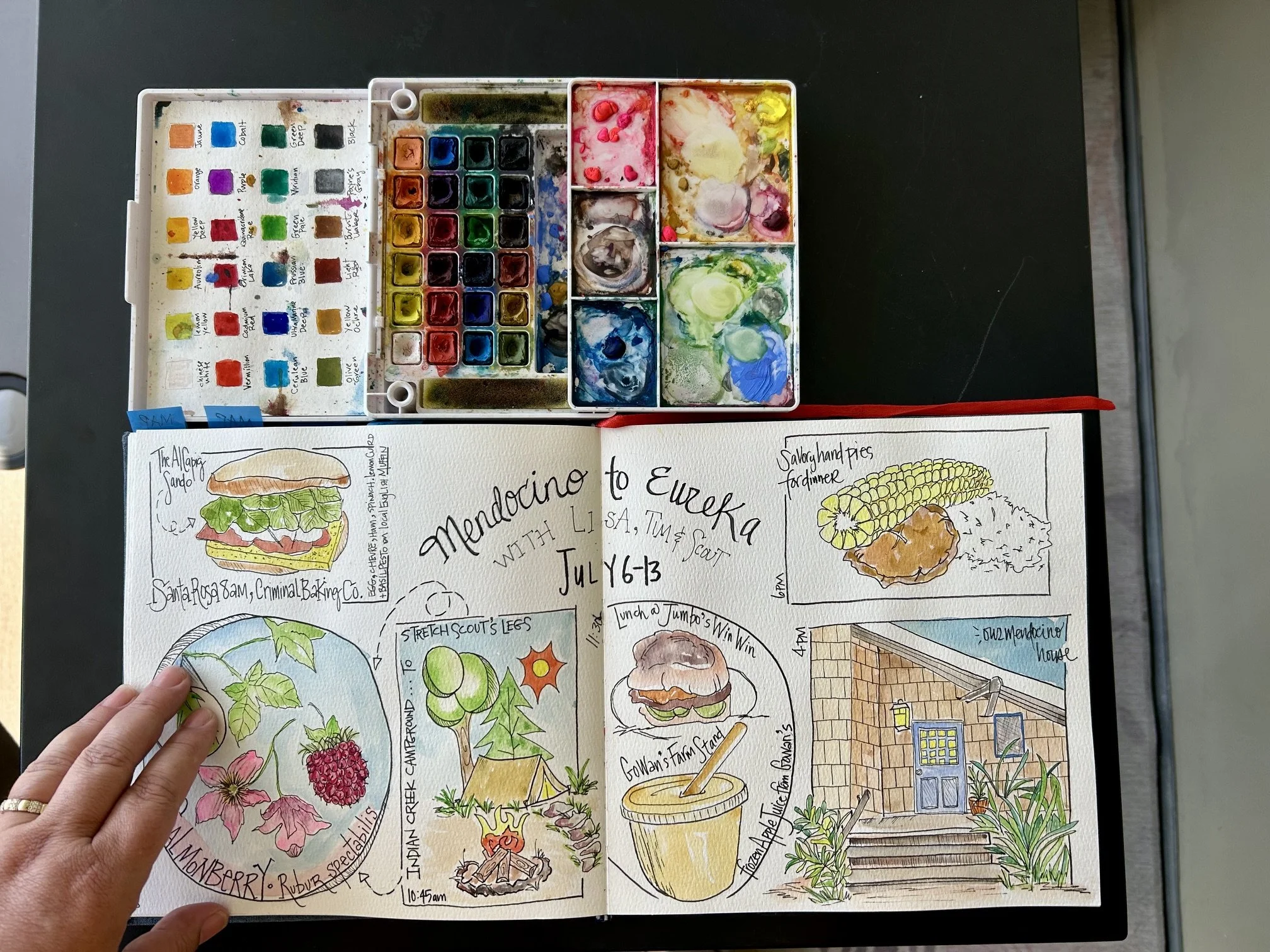Illustrated Travel Journal with a set of watercolor paints depicting a trip from Mendocino to Eureka