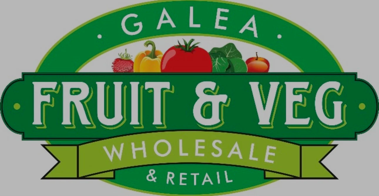 Galea Fruit & Veg Wholesale & Retail logo with illustrations of strawberries, yellow bell pepper, tomato, lettuce, and apple.