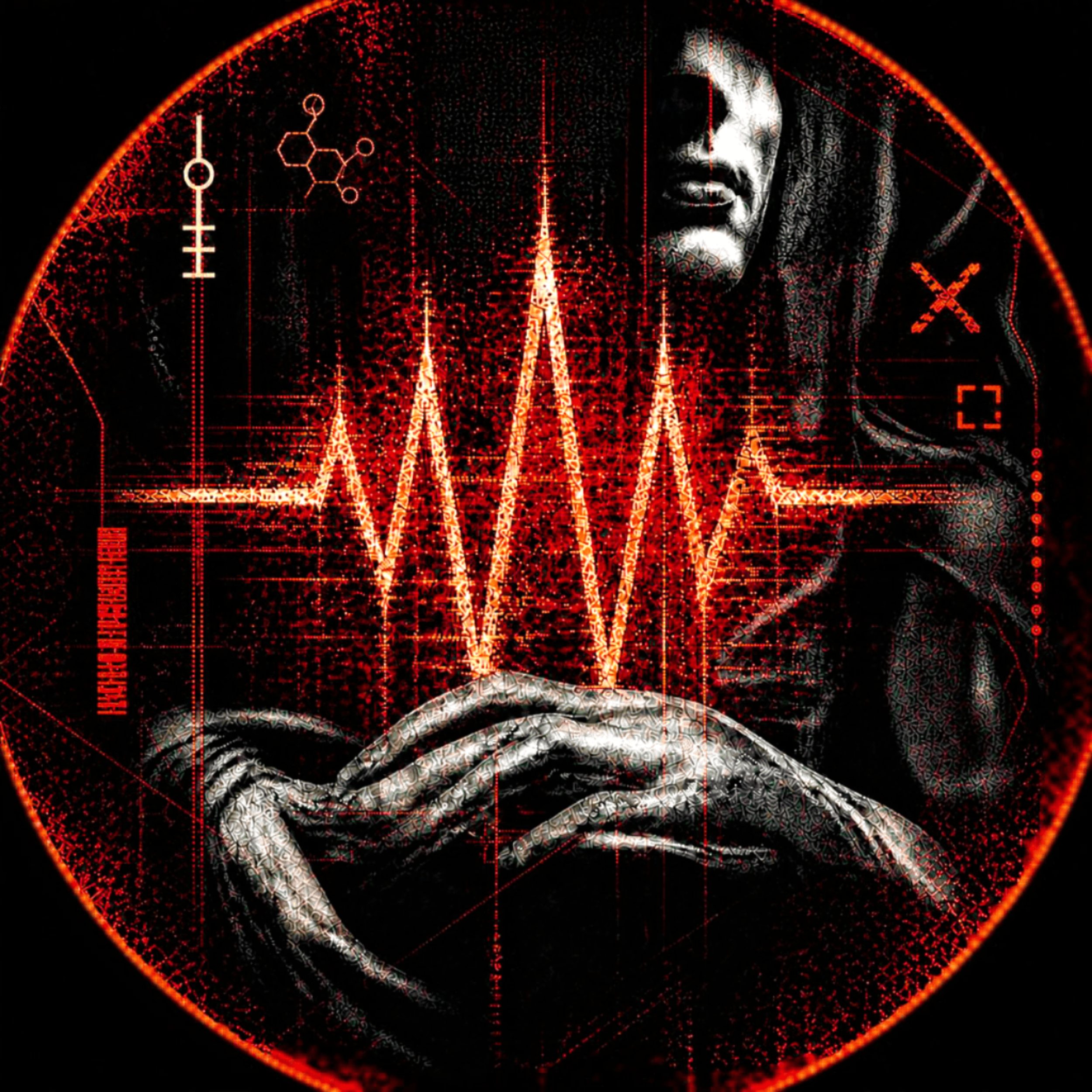 Close-up view of a digital display showing an abstract black and white image of a person's face with wearing a hood, overlaid with red digital lines, graphs, and scientific symbols, resembling a high-tech artificial intelligence interface.