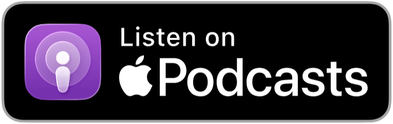 Black button with purple podcast icon and white text to listen on Apple Podcasts