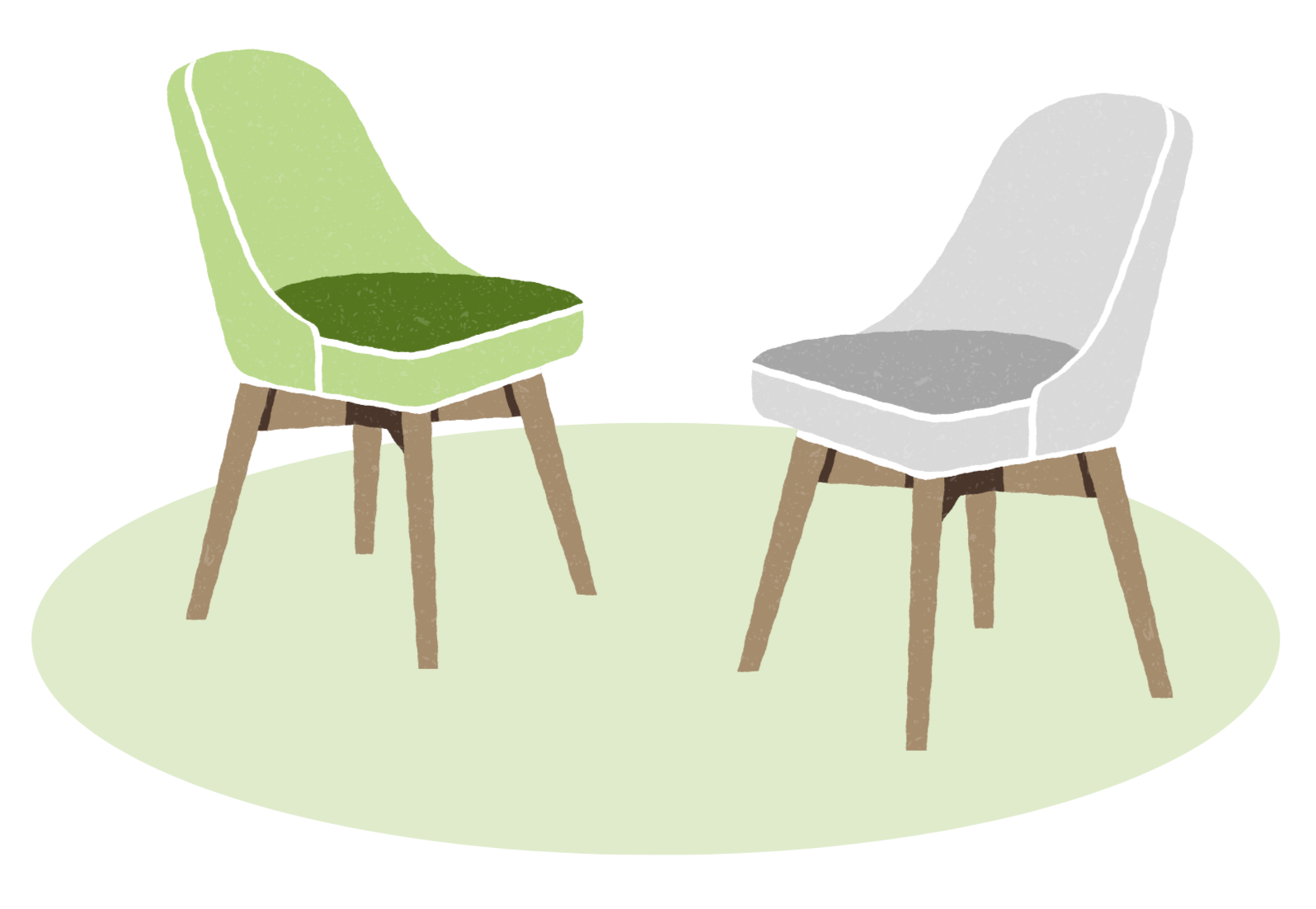 Illustration of two modern chairs with wooden legs, one green and one white, placed on a light green oval carpet.