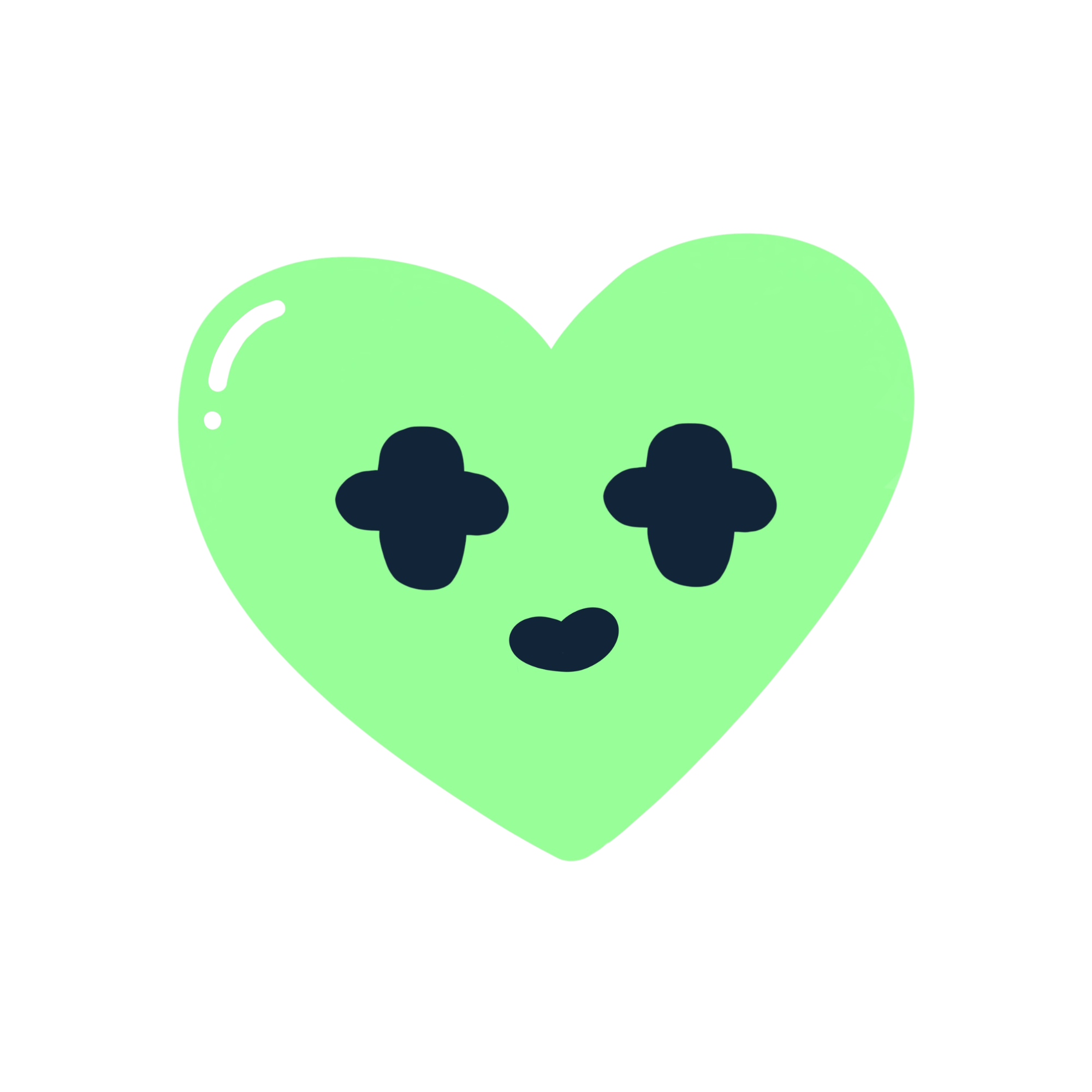 A cartoon-style illustration of a green heart with black eyes and a smiling mouth.