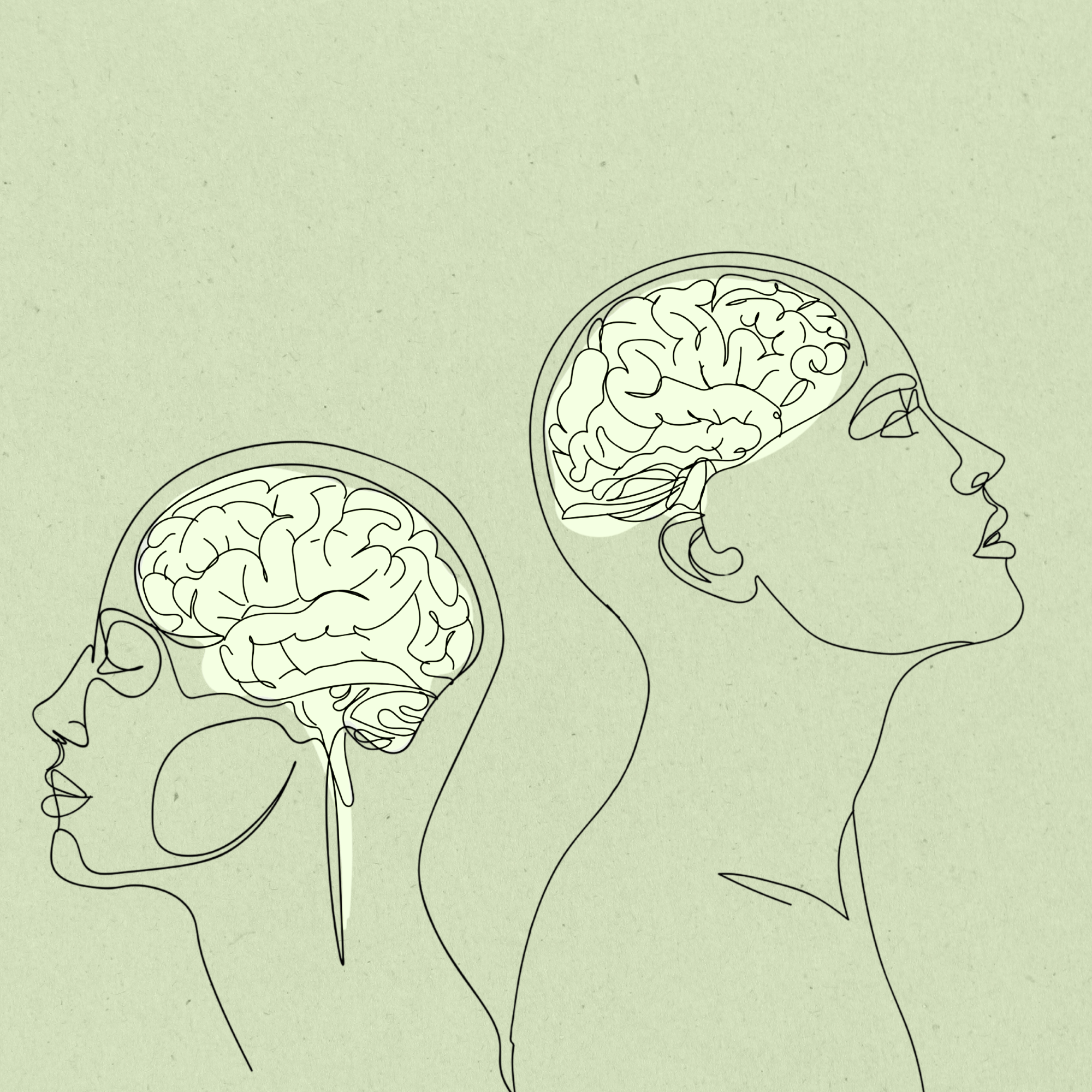 A minimalist illustration of three human heads in profile, with visible brains depicted as simple line drawings, set against a light green background.