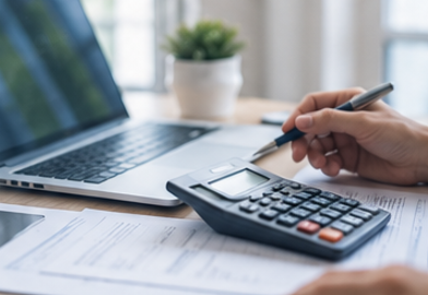 A person using a calculator and writing with a pen on a desk with a laptop, papers, and a potted plant in the background.