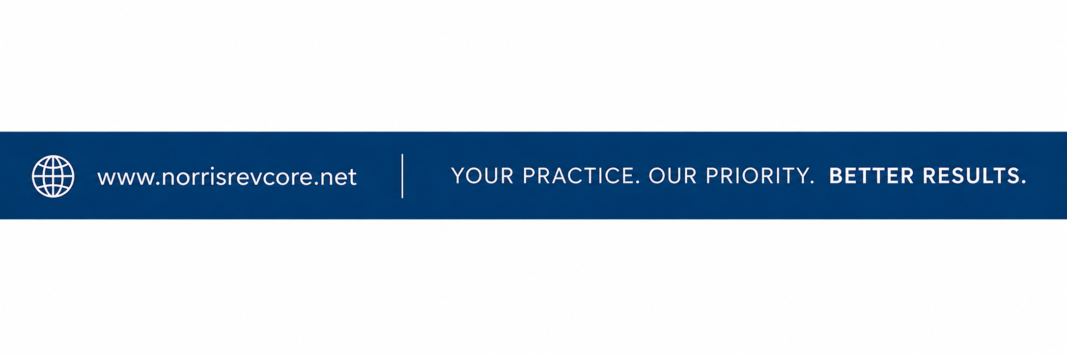 Web banner with a globe icon, the URL www.norrisrevcore.net, and the slogan "Your practice. Our priority. Better results." on a blue background.