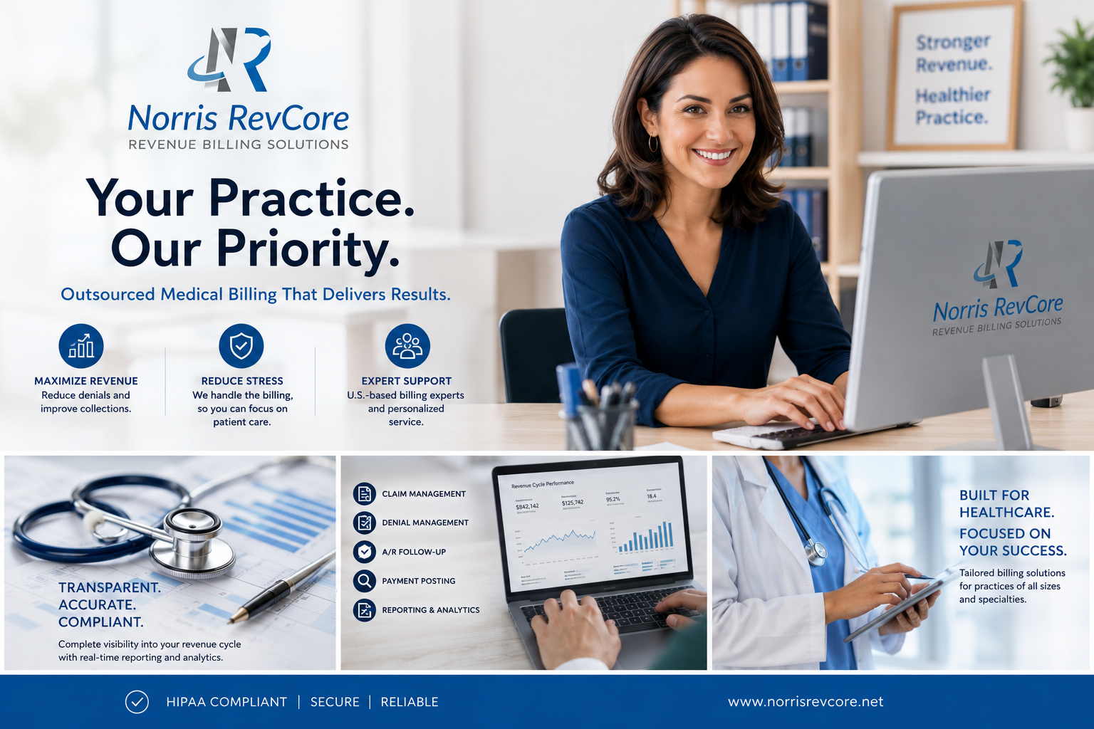 Norris RevCore branding and an informational poster about healthcare billing solutions.