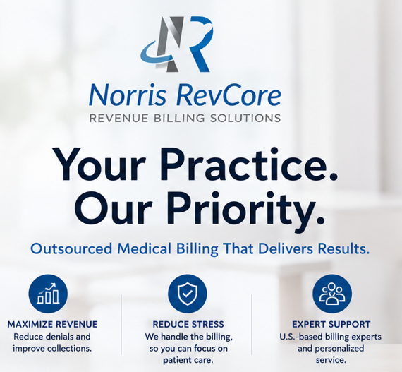 Norris RevCore logo and slogan on a white background, highlighting revenue billing solutions for medical practices with emphasis on maximizing revenue, reducing stress, and providing expert support.