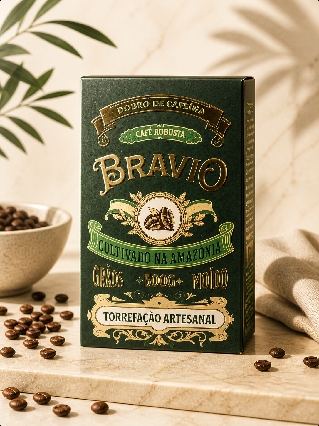 Green package of artisanal ground coffee with gold lettering and emblem, surrounded by scattered coffee beans on a beige surface, with a bowl of coffee beans and a cloth in the background.
