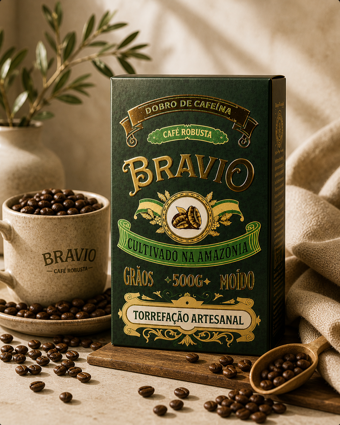 A green box of BRAVIO artisanal roasted coffee with Ethiopian beans, surrounded by coffee beans in a cup and on the table, with a beige background and a plant in a pot.