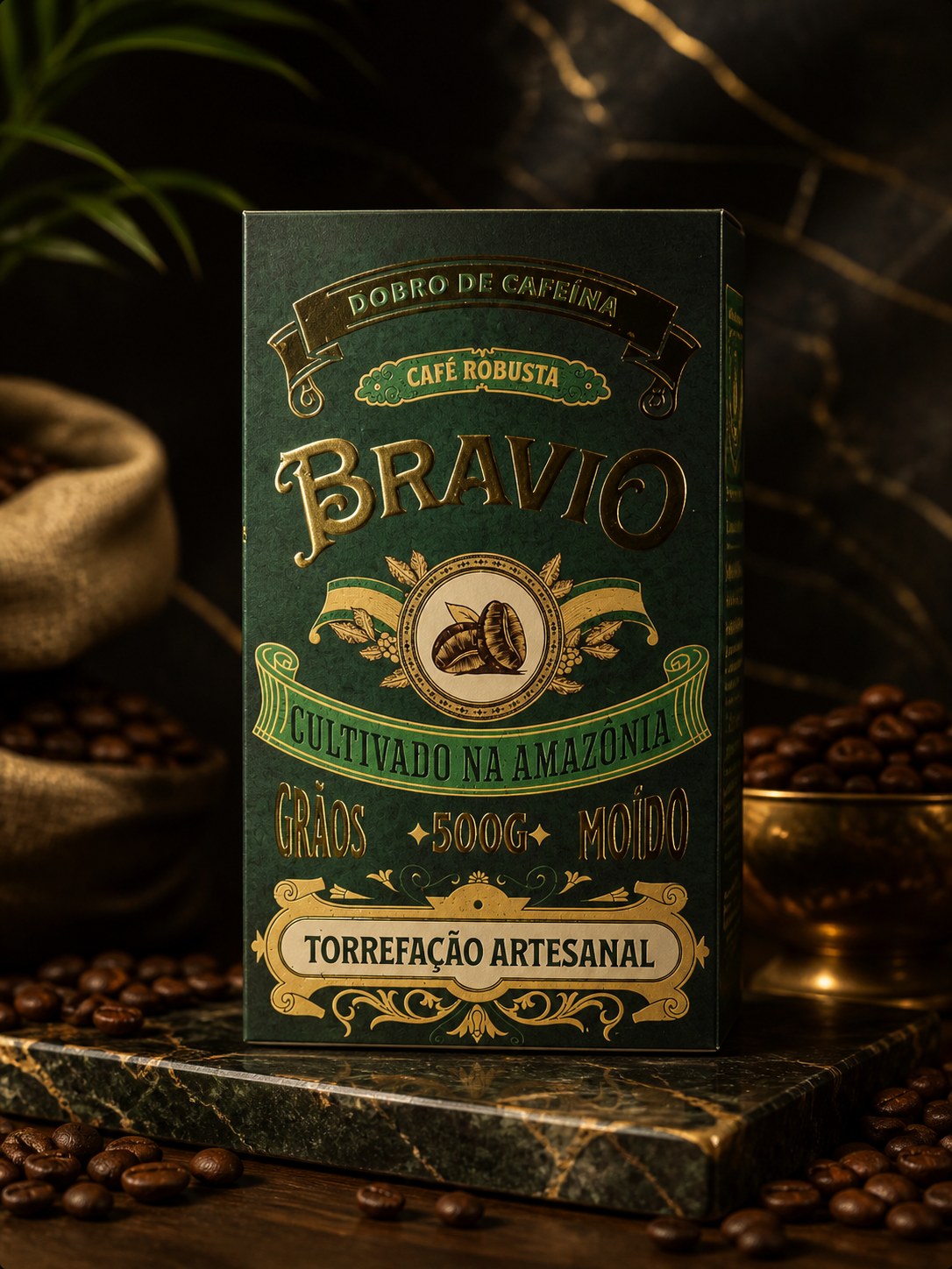 Green and gold coffee packaging with the text 'Bravo,' featuring coffee beans and a brewing logo, placed on a marbled surface with scattered coffee beans and a wooden bowl of coffee beans in the background.