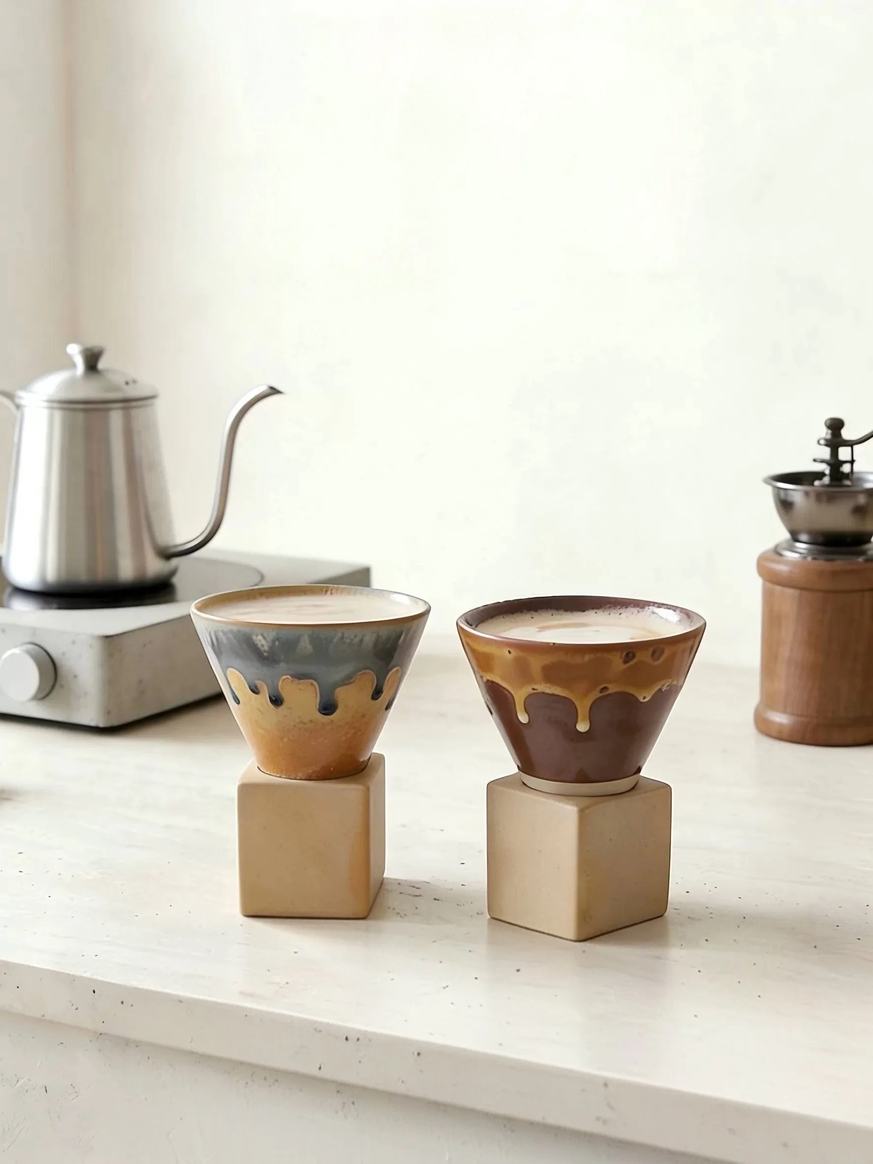 Handmade inverted mountain ceramic coffee mug with earthy drip glaze and sculptural wooden-style base, perfect for lattes, matcha and cosy café aesthetics.