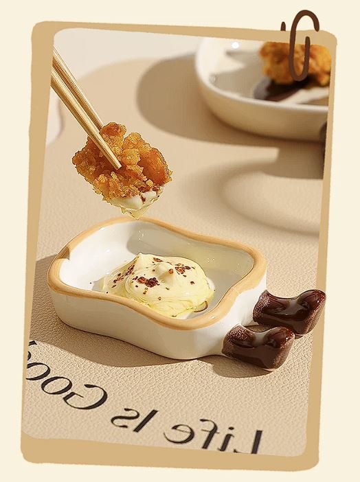 Cute toast-shaped ceramic snack plate with playful dangling boots, perfect for dipping sauces, desserts, jewellery trays and cosy kawaii table décor.