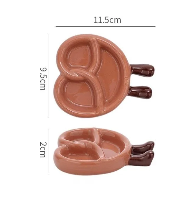 Cute pretzel shaped ceramic snack plates with playful dangling legs, perfect for desserts, dipping sauces and cosy kawaii kitchen décor.