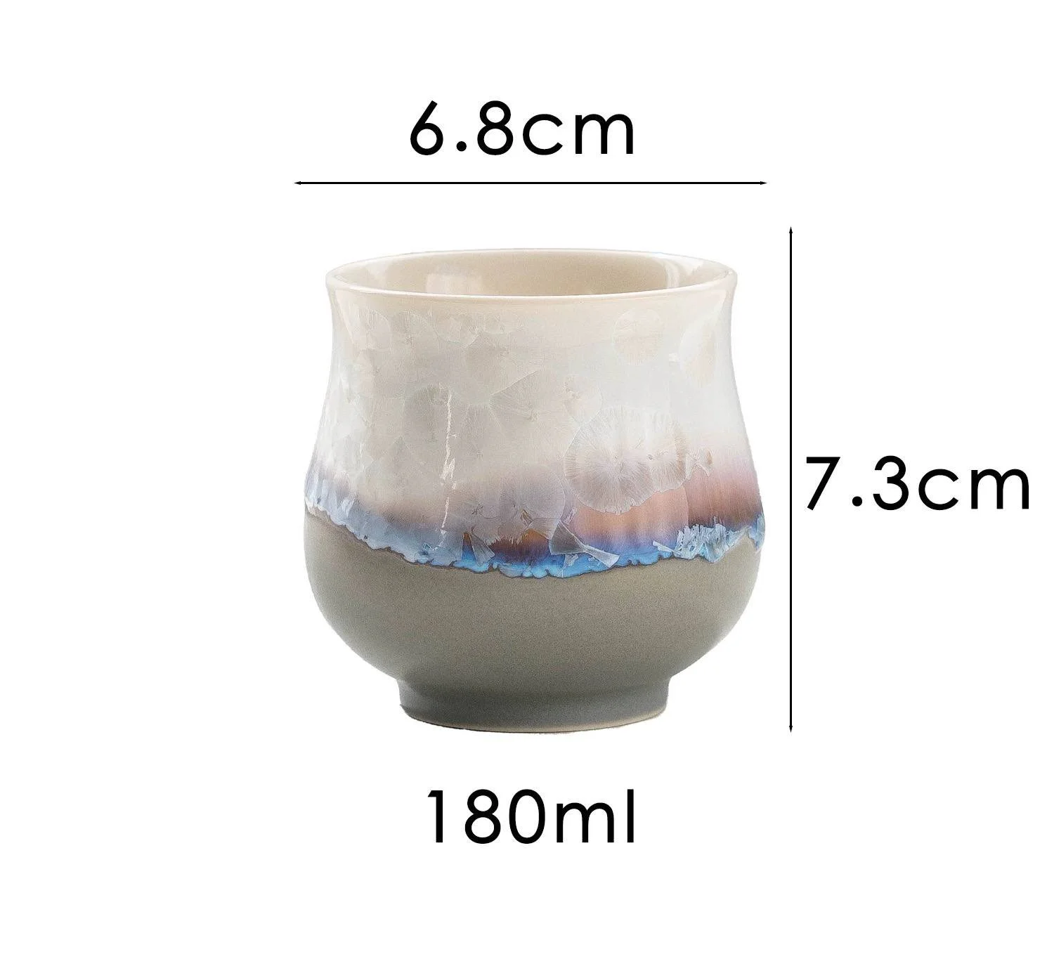 Handmade ceramic tea cup with iridescent crystal glaze and soft ocean-inspired tones, perfect for matcha, coffee, tea and minimalist table décor.