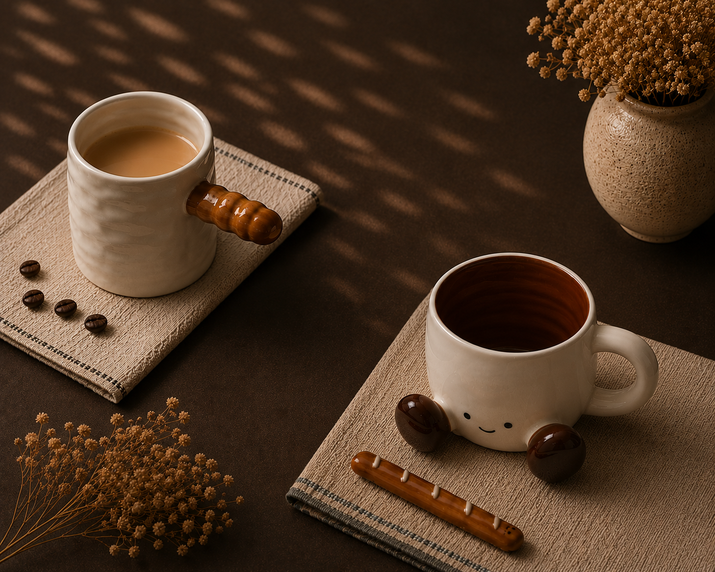 Two cups with faces, one with coffee and the other with tea, placed on beige placemats on a dark table, decorated with small flowers and coffee beans, with sunlight casting stripes across the scene.