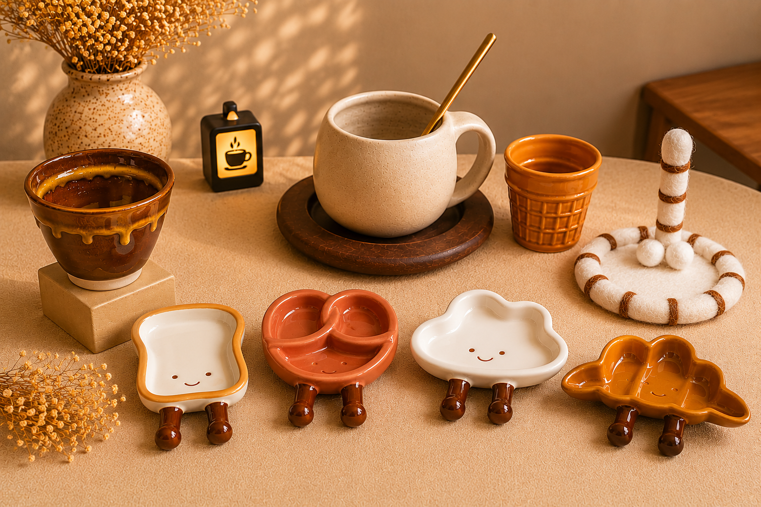 Cozy café decor featuring playful ceramic snack plates, handmade coffee cups, felt coaster, and minimalist home accessories perfect for coffee lovers and modern cozy interiors.