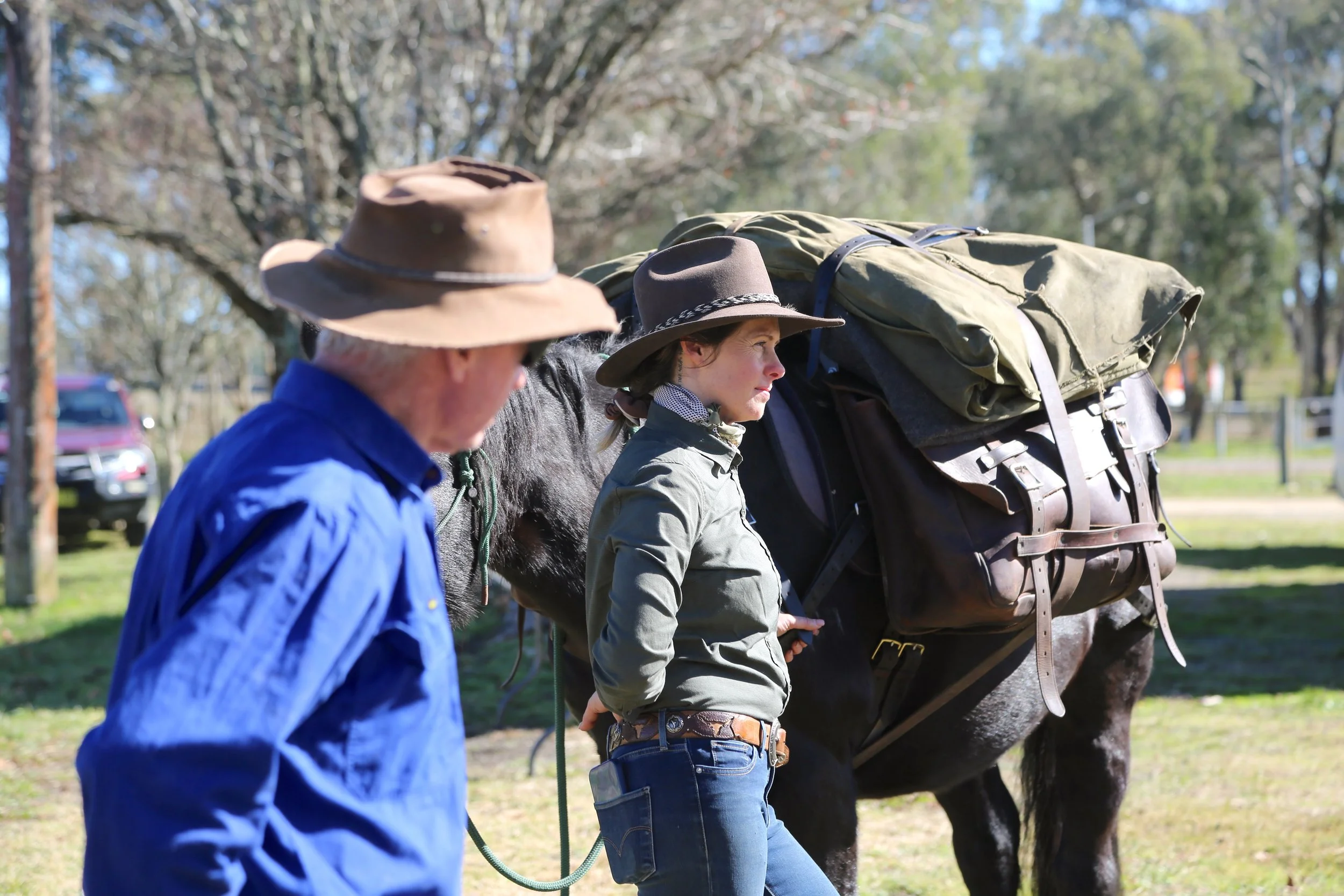 Graeme and Kate teaching at the Wild Beginnings Packsaddling clinic in Ebor, NSW.