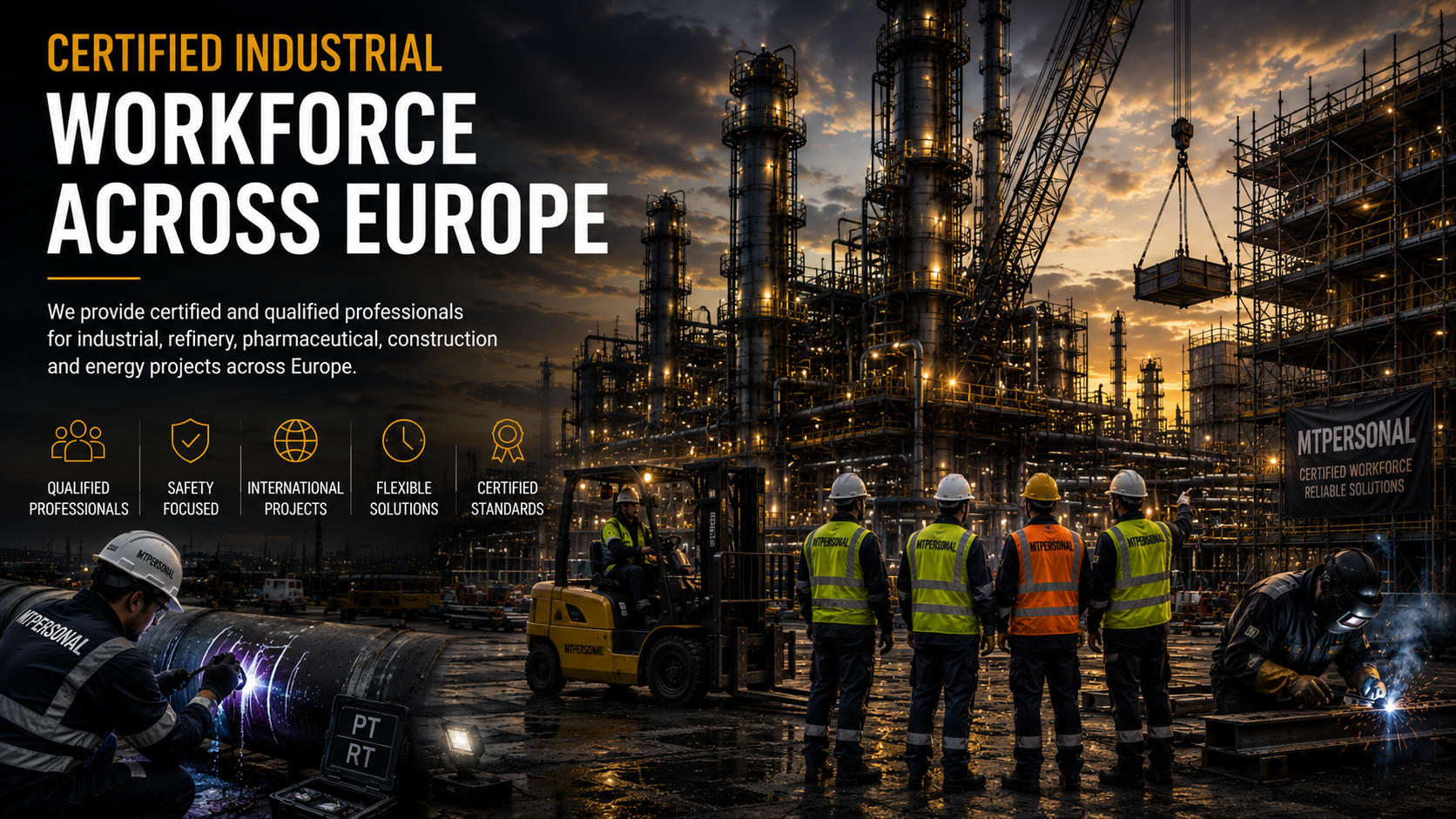 A group of industrial workers wearing safety gear and reflective vests in a large industrial plant at sunset, with workers welding, heavy machinery, and scaffolding, promoting a certified industrial workforce across Europe.