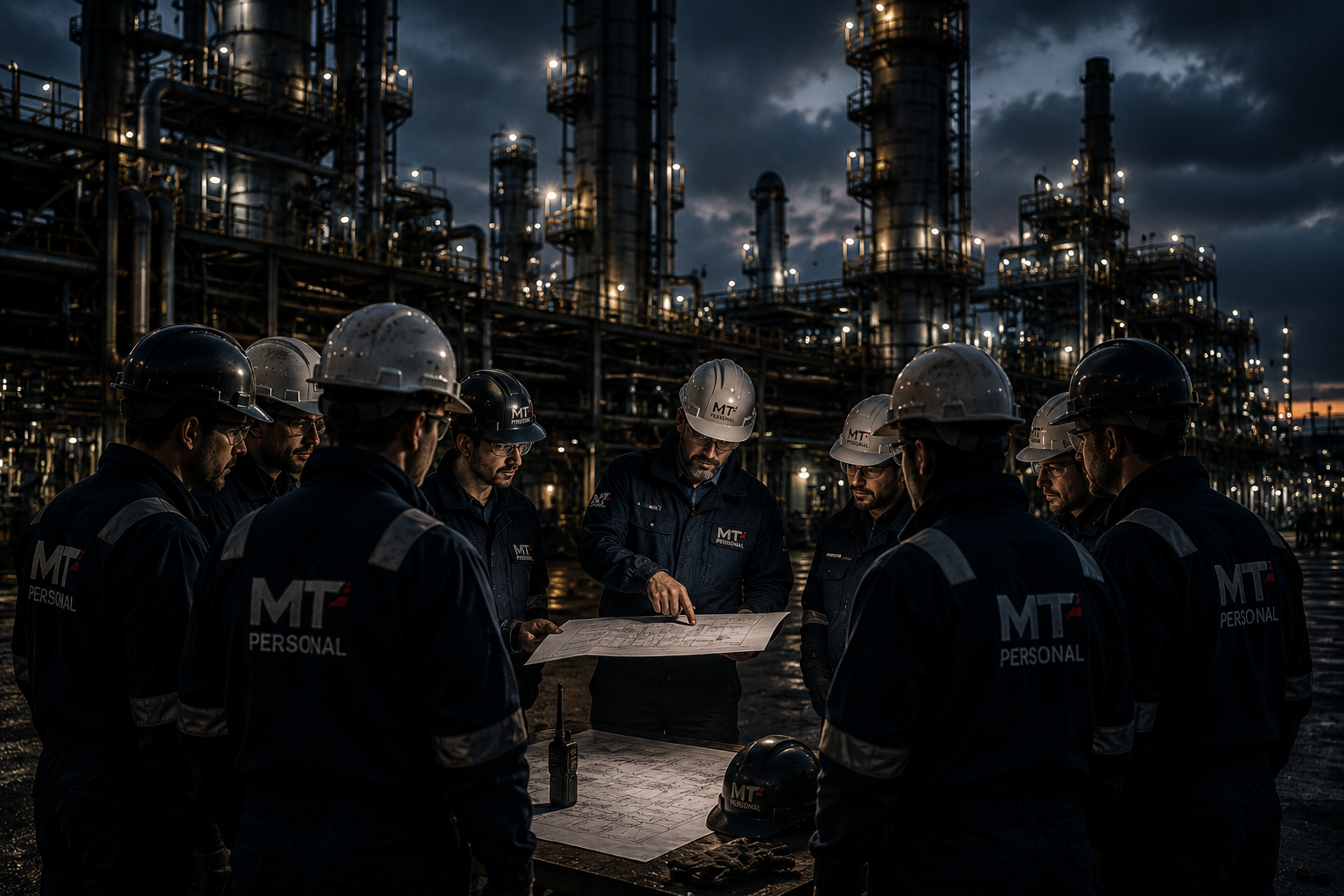 NDT group of workers in night rafinery.