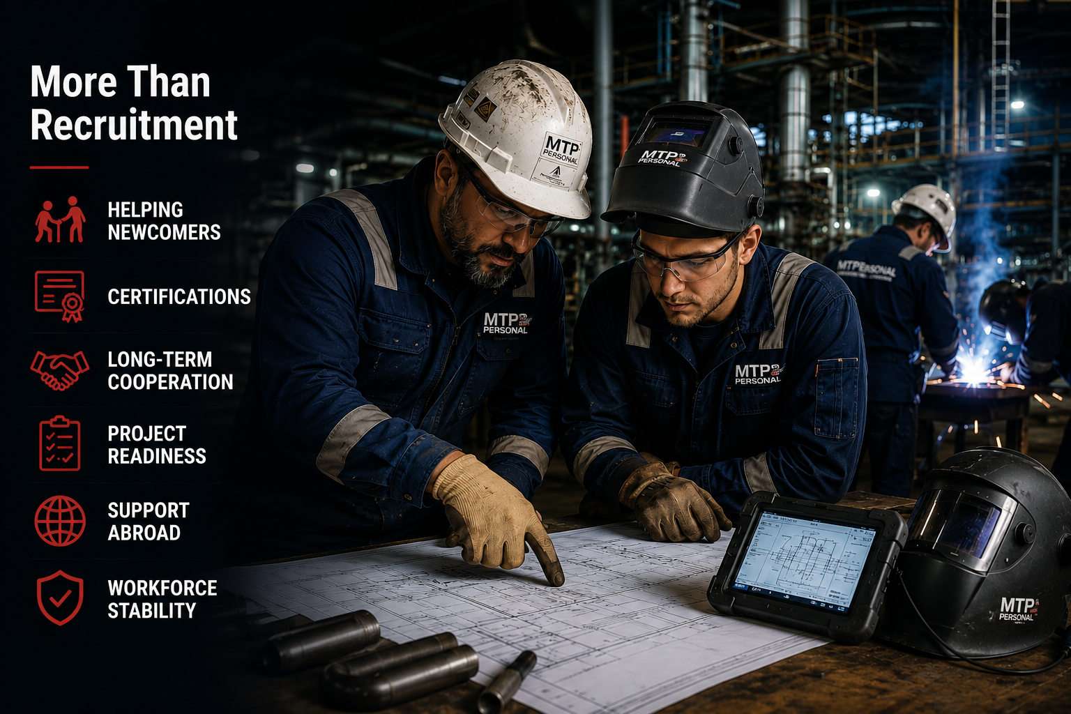 Two industrial workers in safety gear reviewing blueprints in a factory with other workers welding in the background.