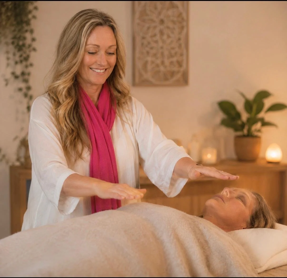 Tanya Levy providing an intuitive healing session on a massage table.