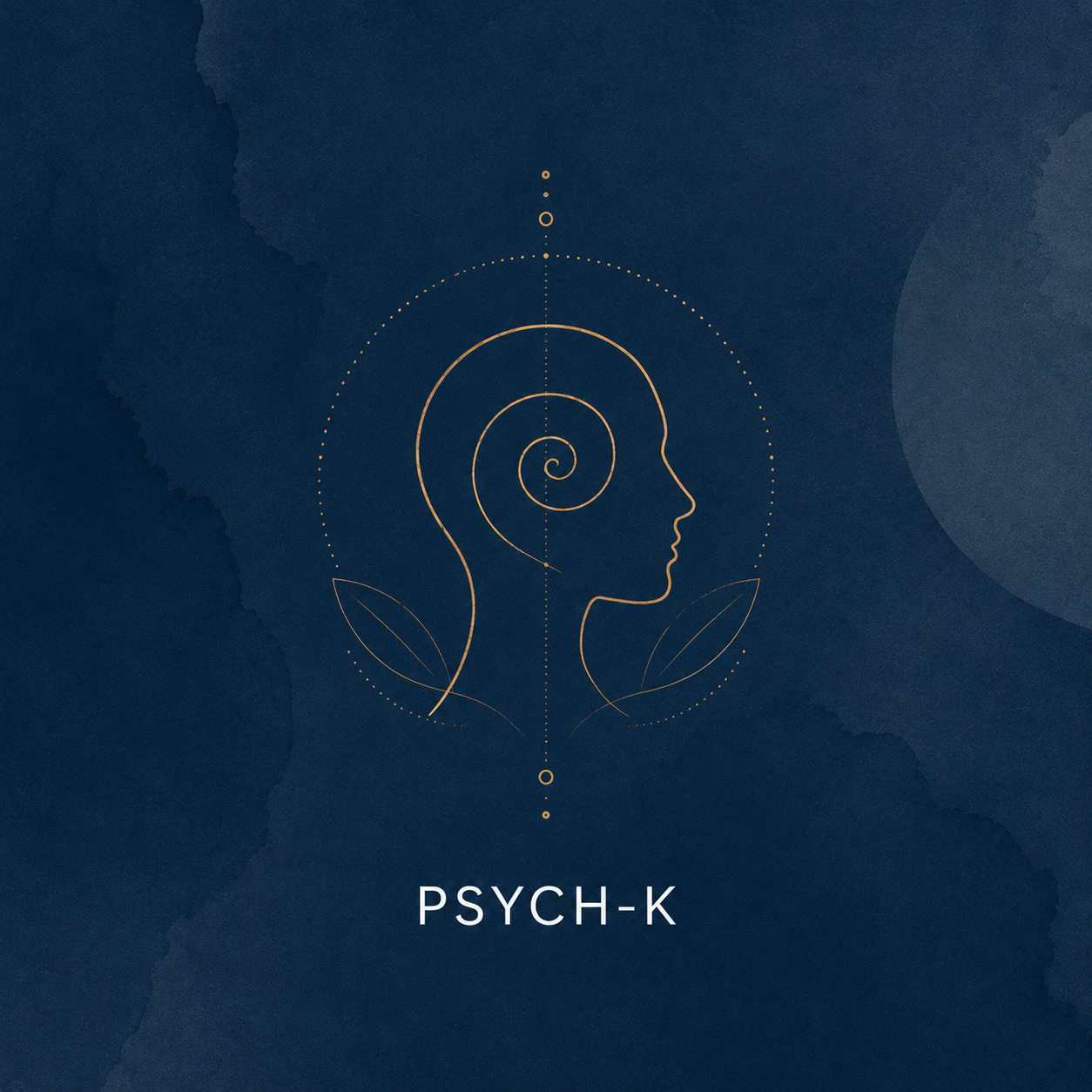 A dark blue graphic with a minimalistic line drawing of a person's profile in front of a circular and spiral pattern, with two leaf illustrations at the bottom. The text "PSYCH-K" is at the bottom of the image.