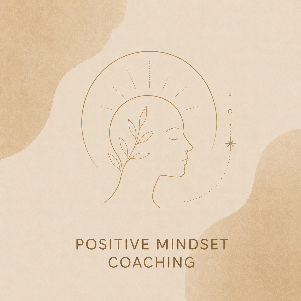 A minimalist illustration of a woman's profile with closed eyes, abstract facial features, a small branch with leaves in front of her face, and concentric circles and symbols around her head. The background is beige with textured paper-like patches. Text at the bottom reads "Positive Mindset Coaching."