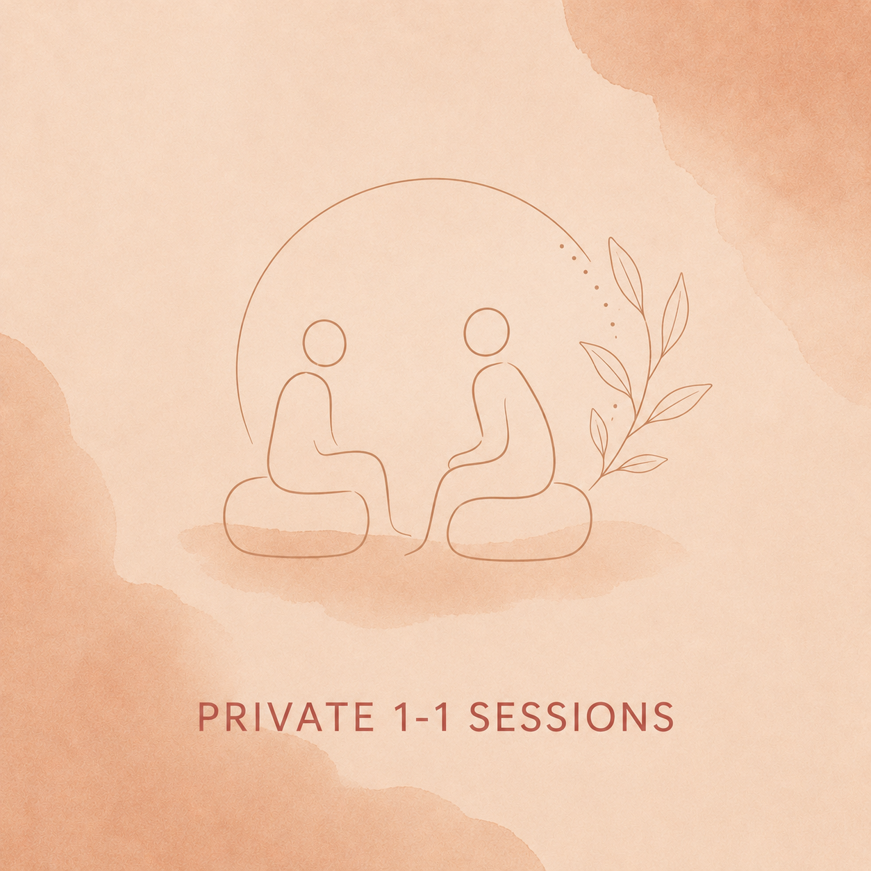 Minimalist line drawing of two people sitting on cushions, engaged in a conversation under an arc, with a leafy branch to the right, on a peach-colored background, with text 'Private 1-1 Sessions' at the bottom.