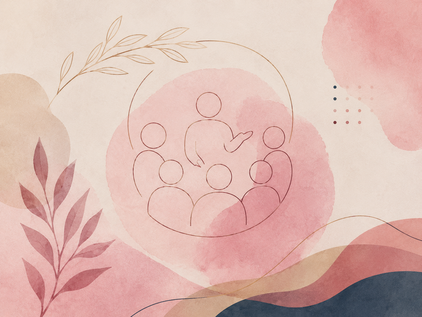 Minimalist illustration of a group of people in a circle with one person speaking, surrounded by abstract pastel watercolor shapes and botanical elements.