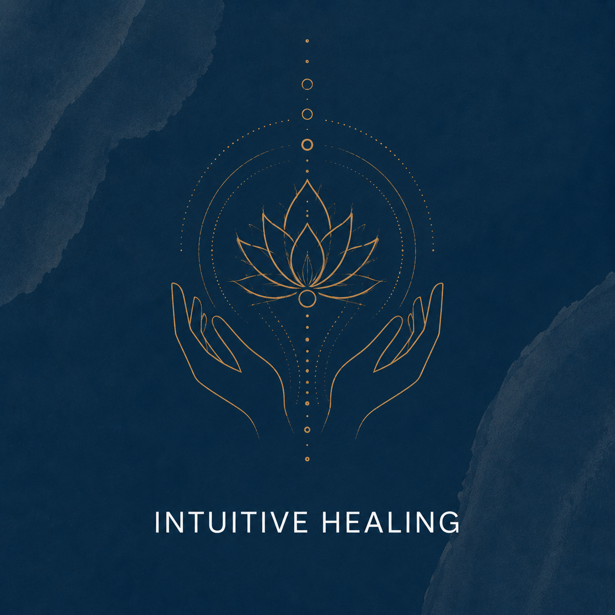 Stylized illustration of hands holding a lotus flower with geometric patterns and dots, with the words "Intuitive Healing" at the bottom.