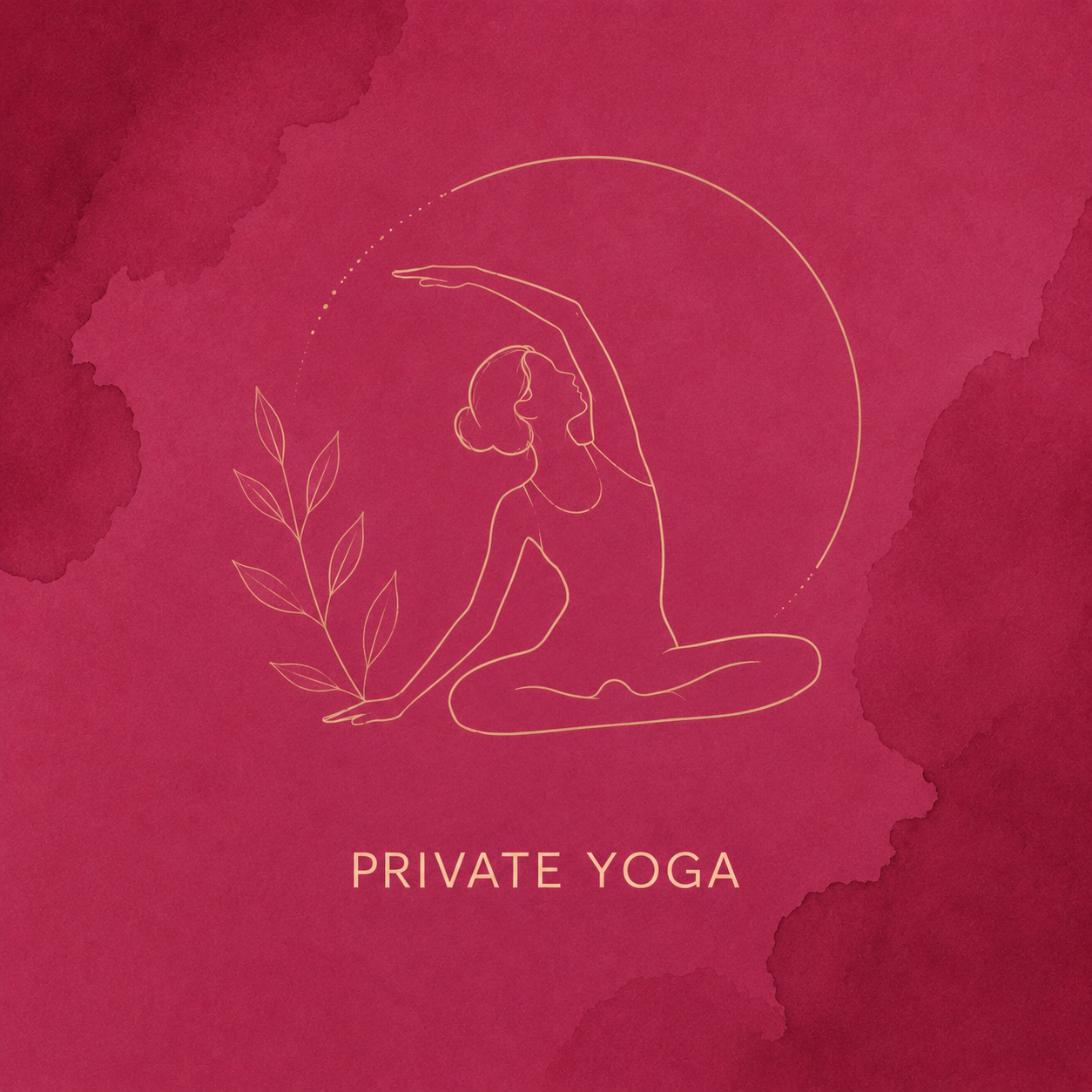 Line drawing of a woman in a yoga pose, sitting with one leg crossed and one arm extended overhead, with a branch with leaves beside her, set against a pink watercolor background with the text 'Private Yoga' underneath.