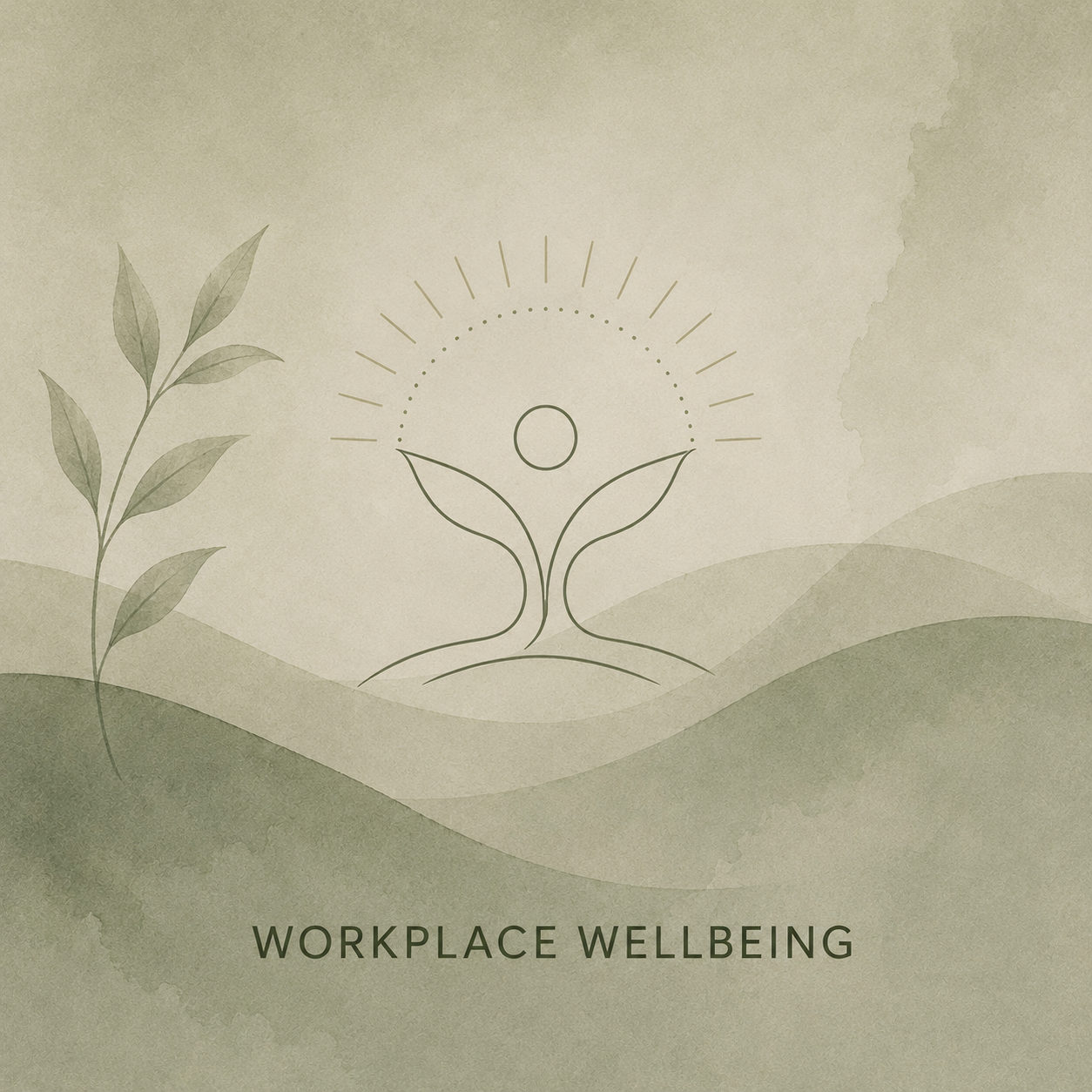 Minimalistic illustration symbolizing workplace wellbeing, featuring a sprouting plant with a circle and radiating lines representing growth and positivity, set against a soft green background with rolling hills and a branch on the left side.