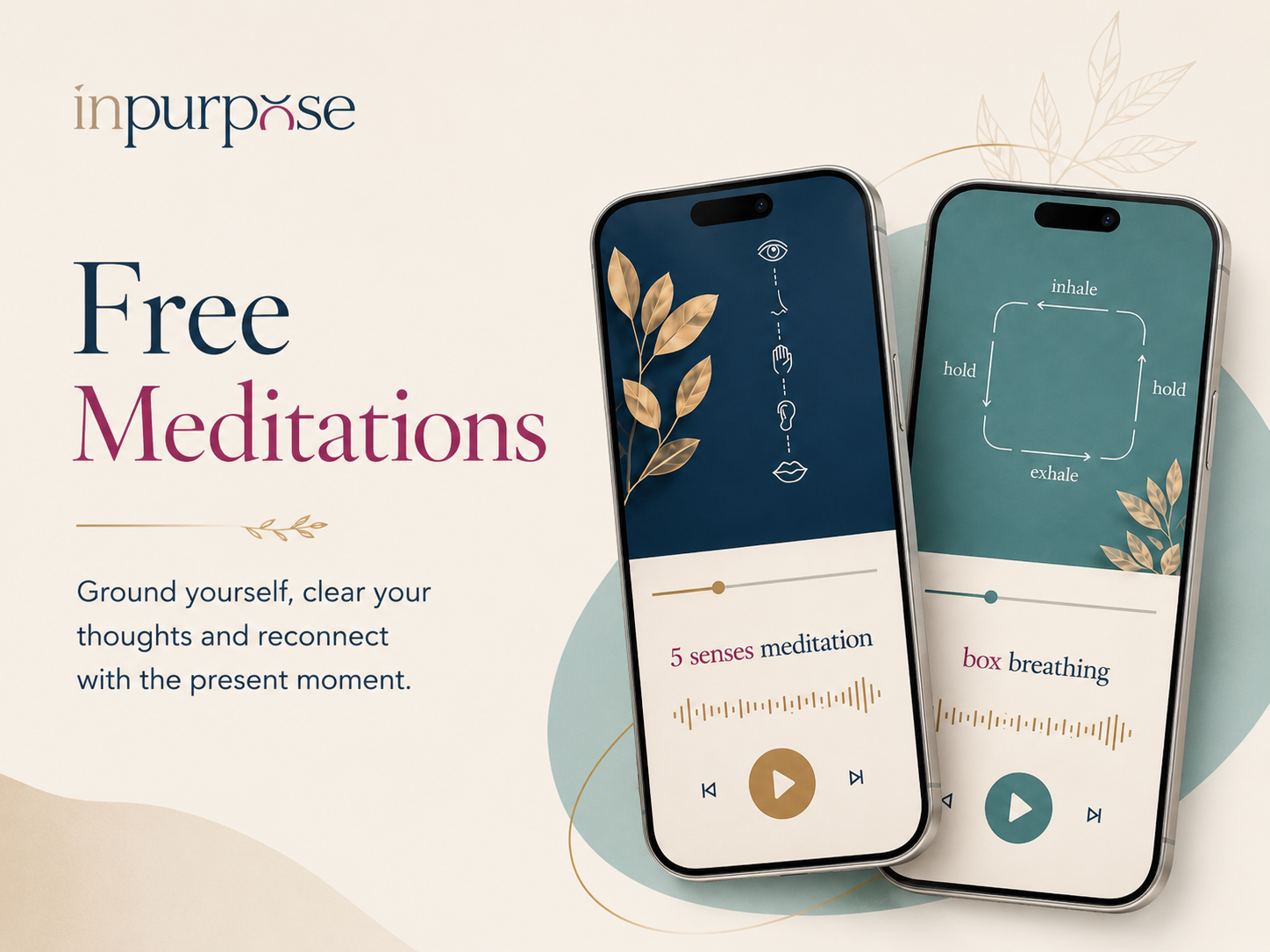 Advertisement for free meditation app featuring two smartphone screens with breathing and meditation exercises on a beige background with decorative leaves.