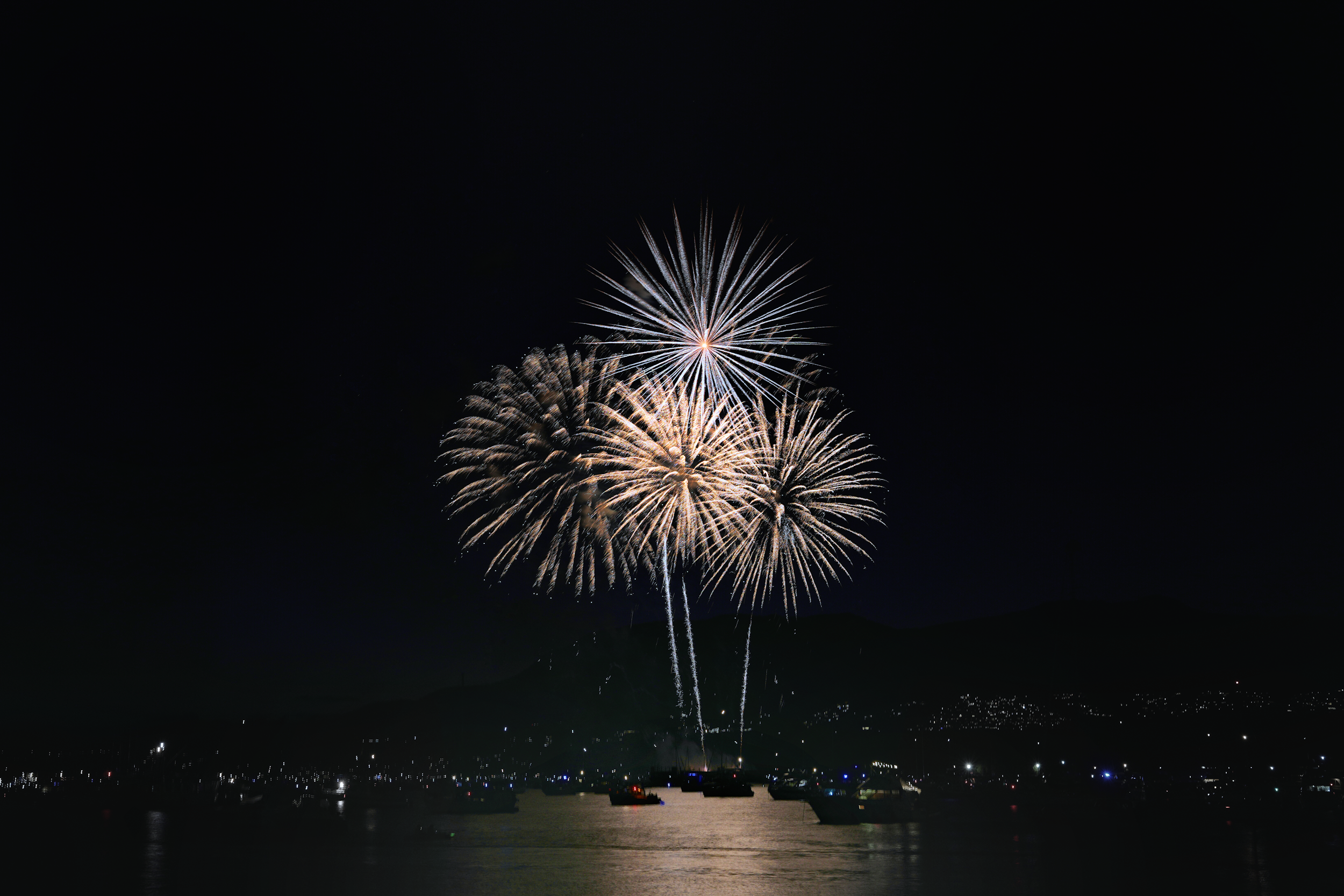 Night sky illuminated by colorful fireworks over a waterfront with boats and reflections in the water.