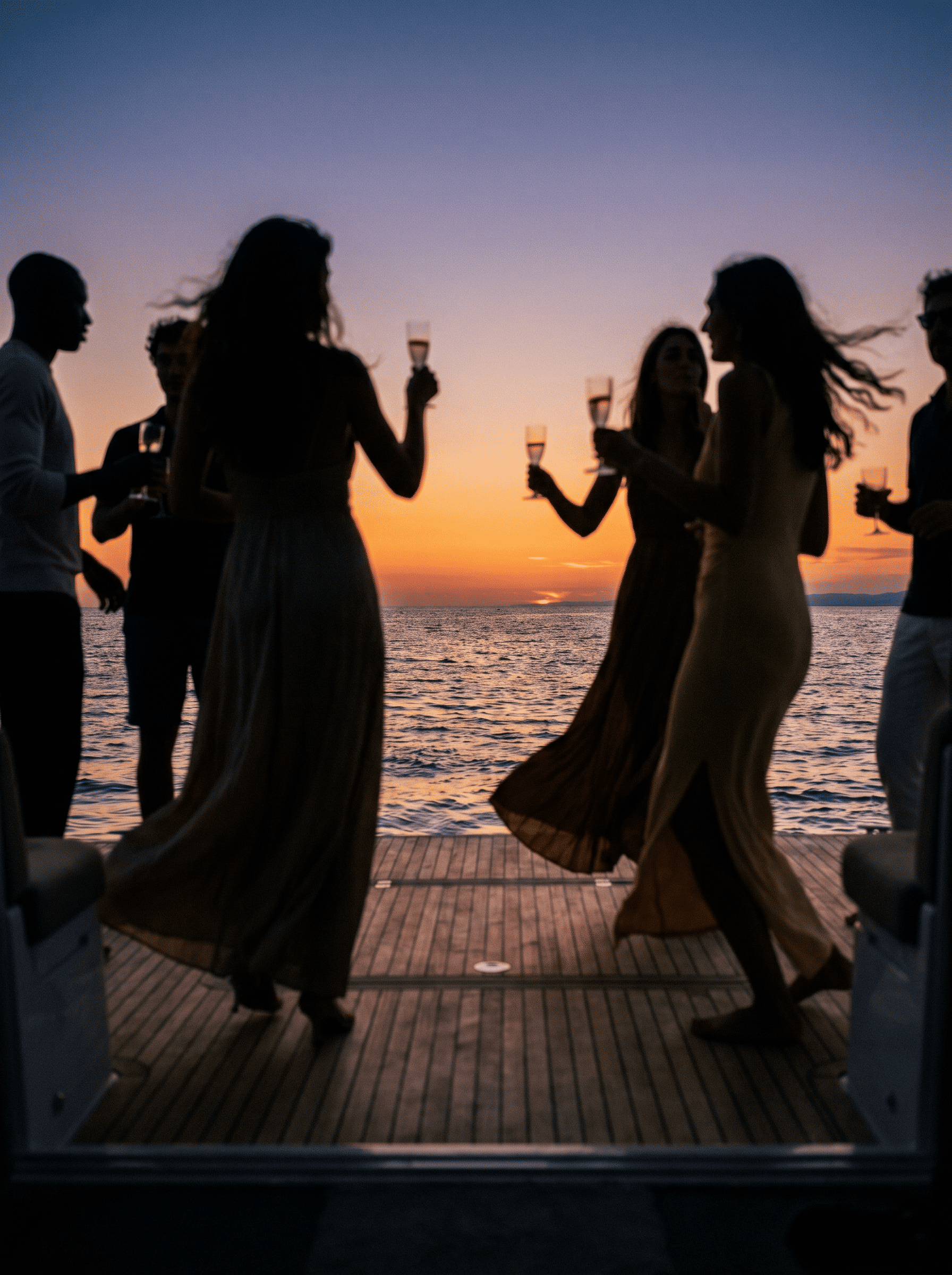 Silhouettes of people enjoying drinks on a balcony at sunset over water, with a colorful sky in the background.