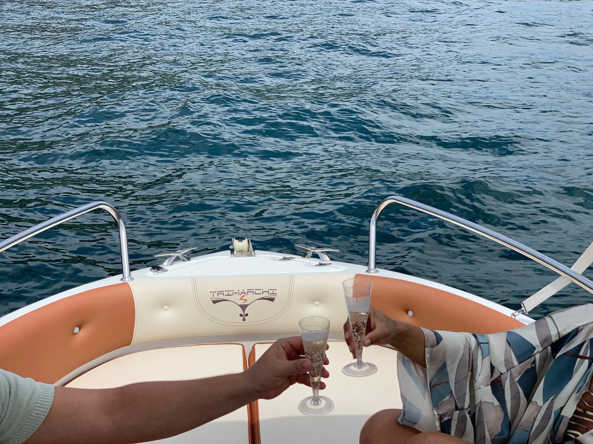 People on a boat raising glasses of champagne for a toast, with the ocean in the background.
