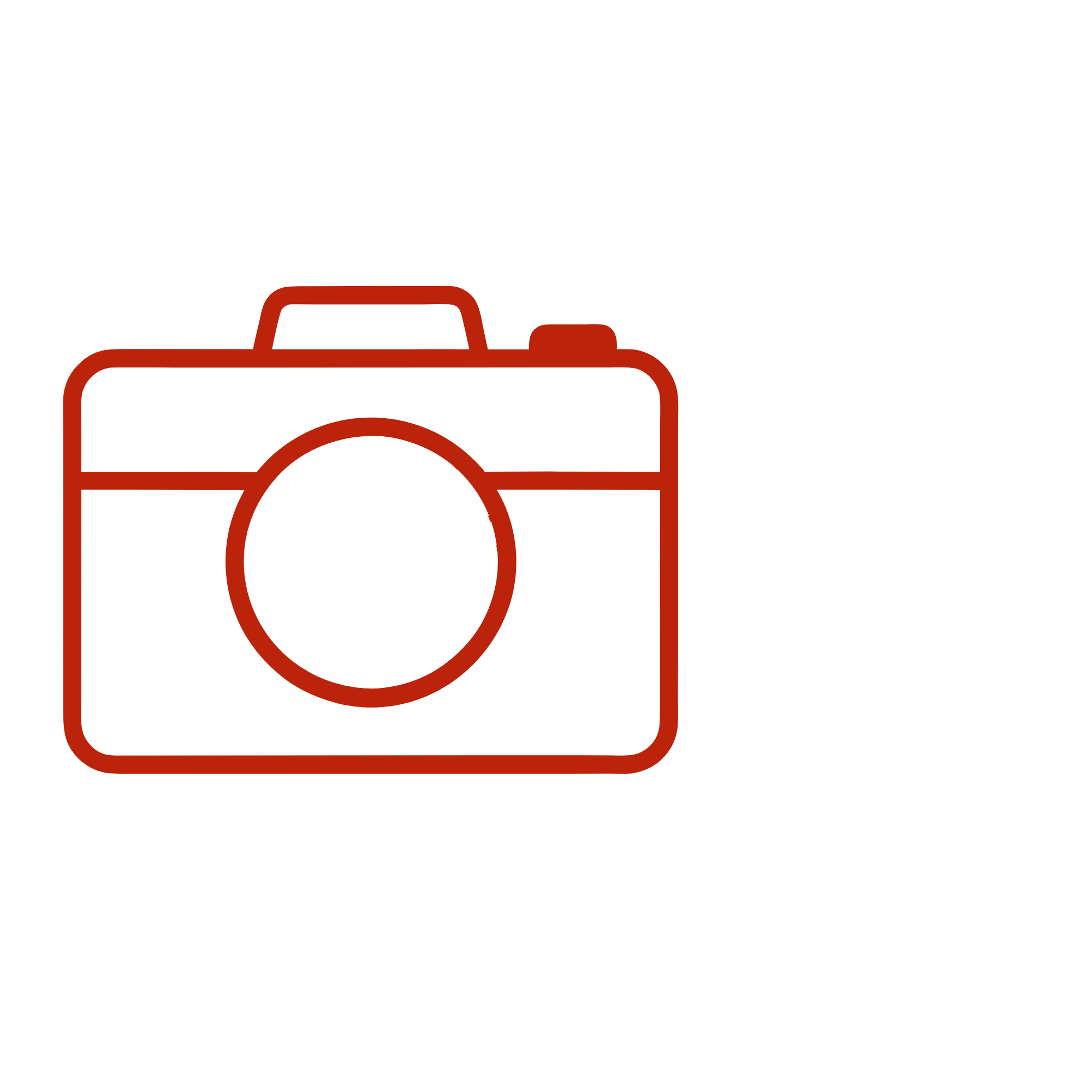 A red outline of a camera icon with a square shape and a large circle inside, representing the camera lens