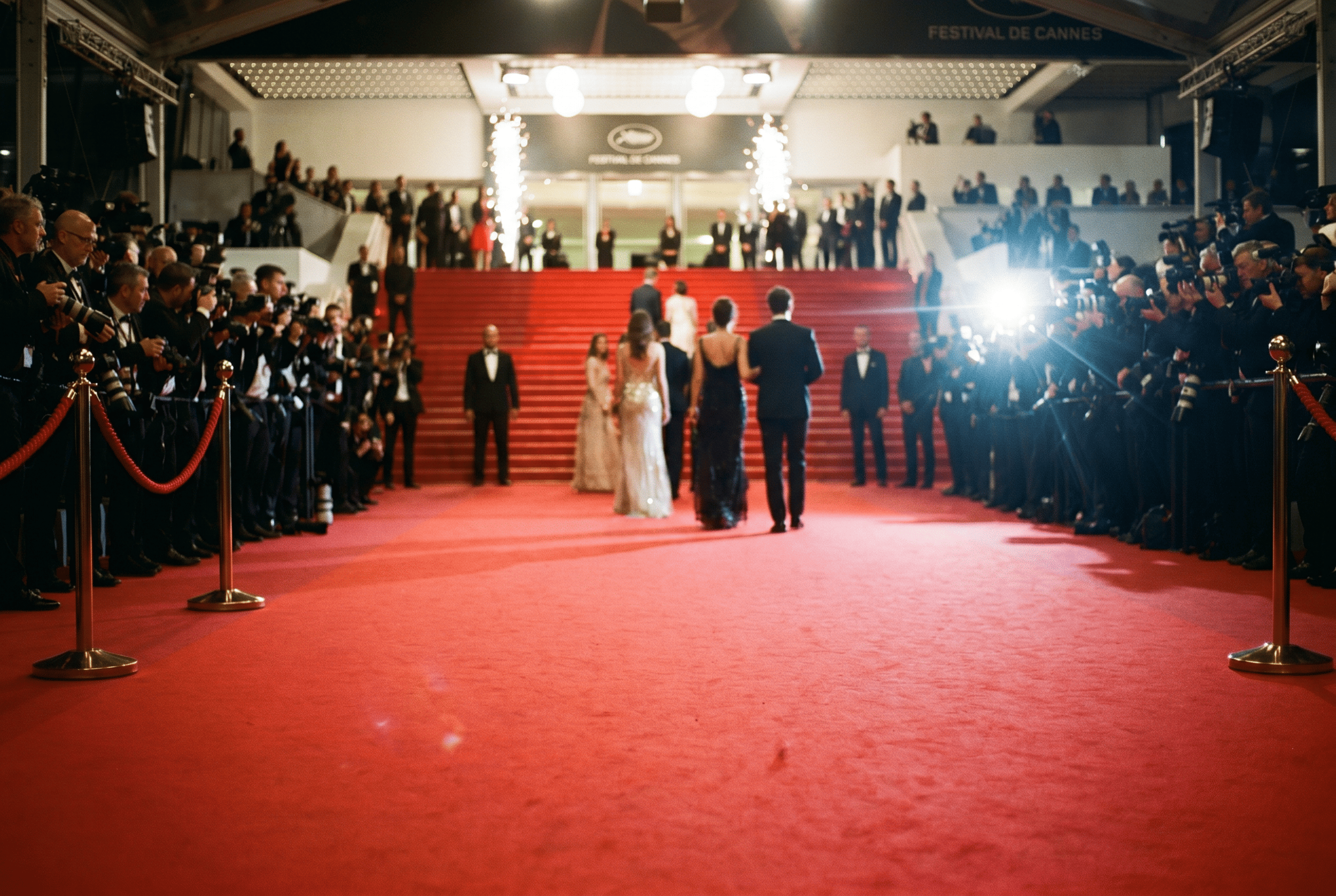 Red carpet event at Cannes Film Festival with photographers, attendees, and a staircase in the background.