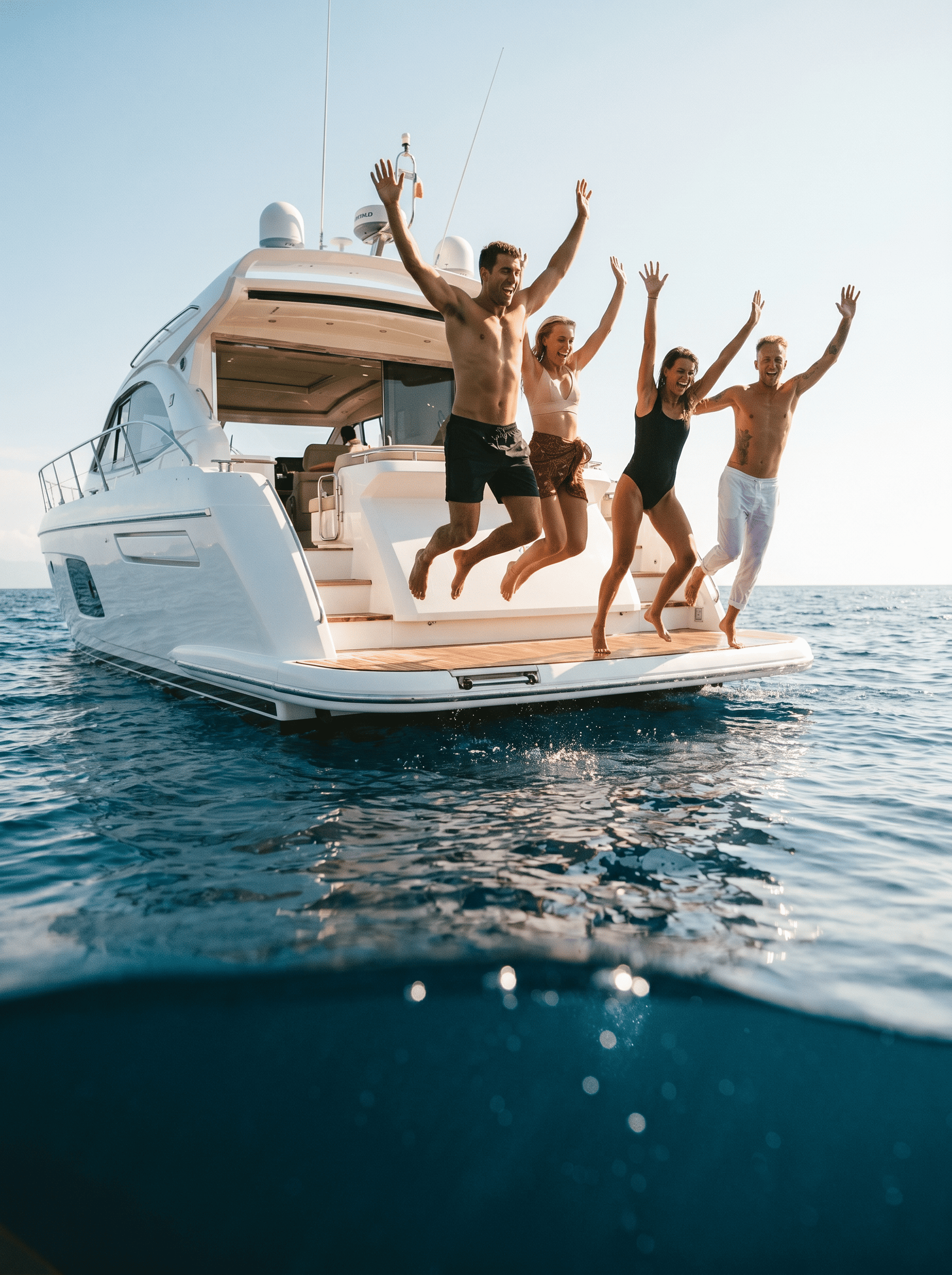 Four people jumping off the back of a yacht into the water, with the sky and ocean in the background.